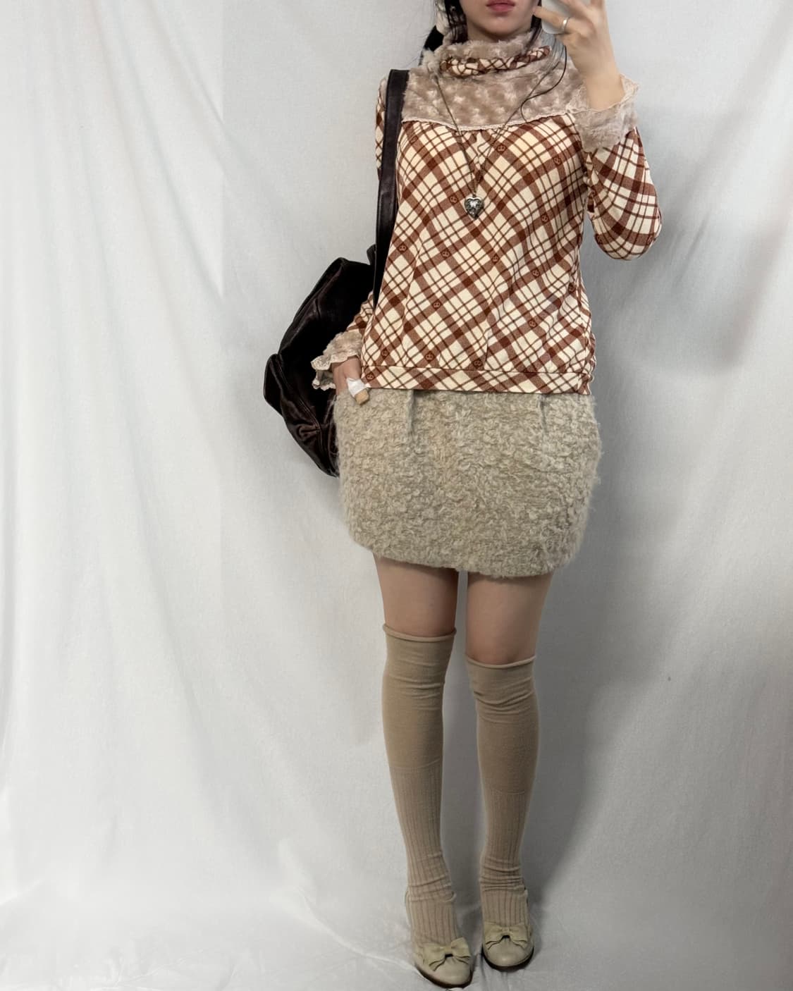 퍼 레이스 체크 패턴 니트 부클 스커트 2pcs SET 상품이미지3