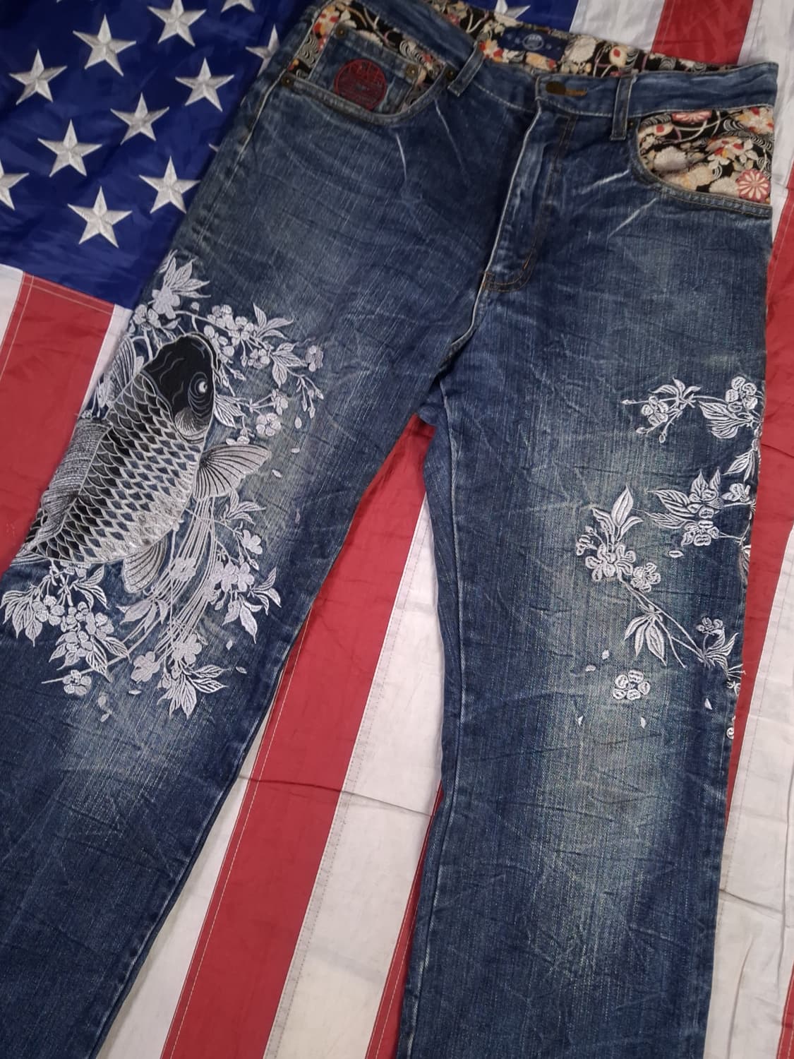 오리지날 일본판 풍신뇌신 오리엔탈 자수 잉어 데님진 상품이미지9