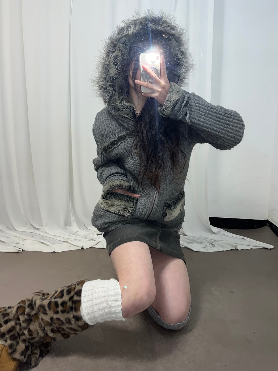 울프죠 니트 후드집업 상품이미지2