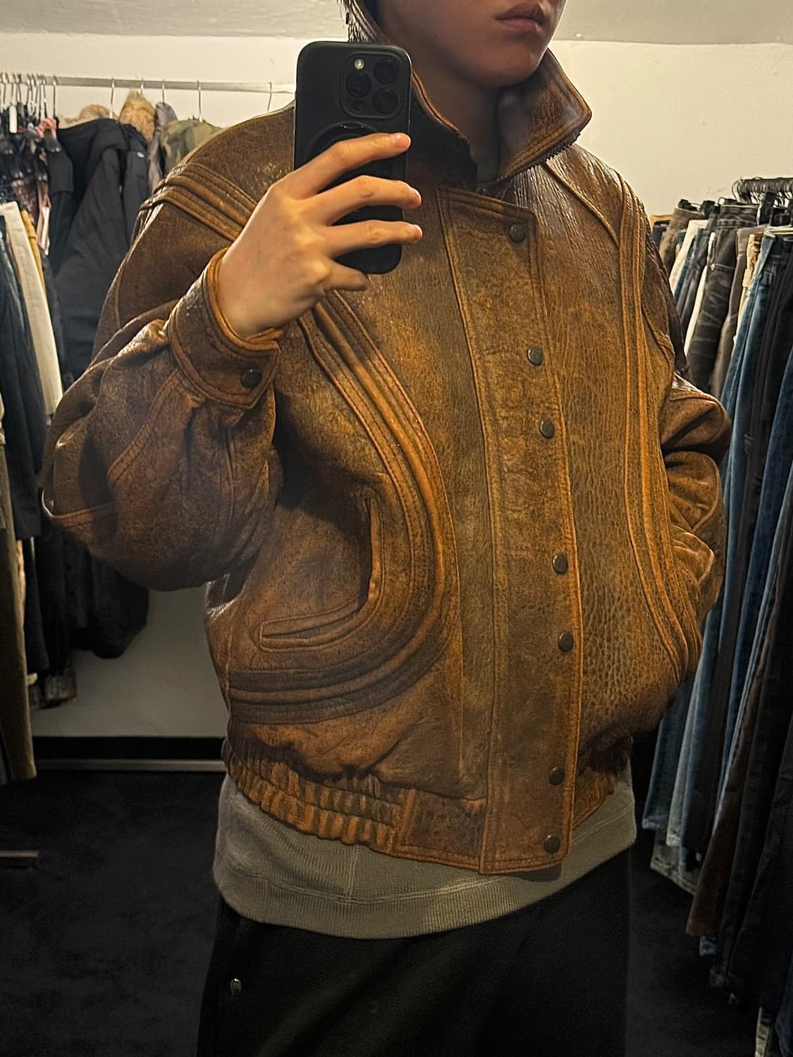 SK 레더 가죽 양가죽 카멜 브라운 빈티지 블루종 봄버 점퍼 하이넥 집업 상품이미지1