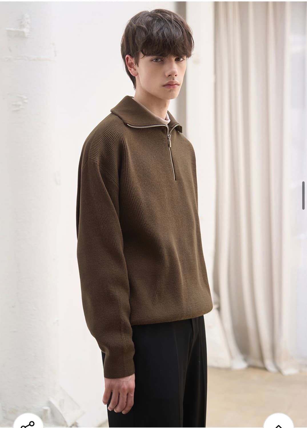 (새상품)(L) 드로우핏 오버사이즈 하프 집업 카라 울 니트 BROWN 상품이미지4