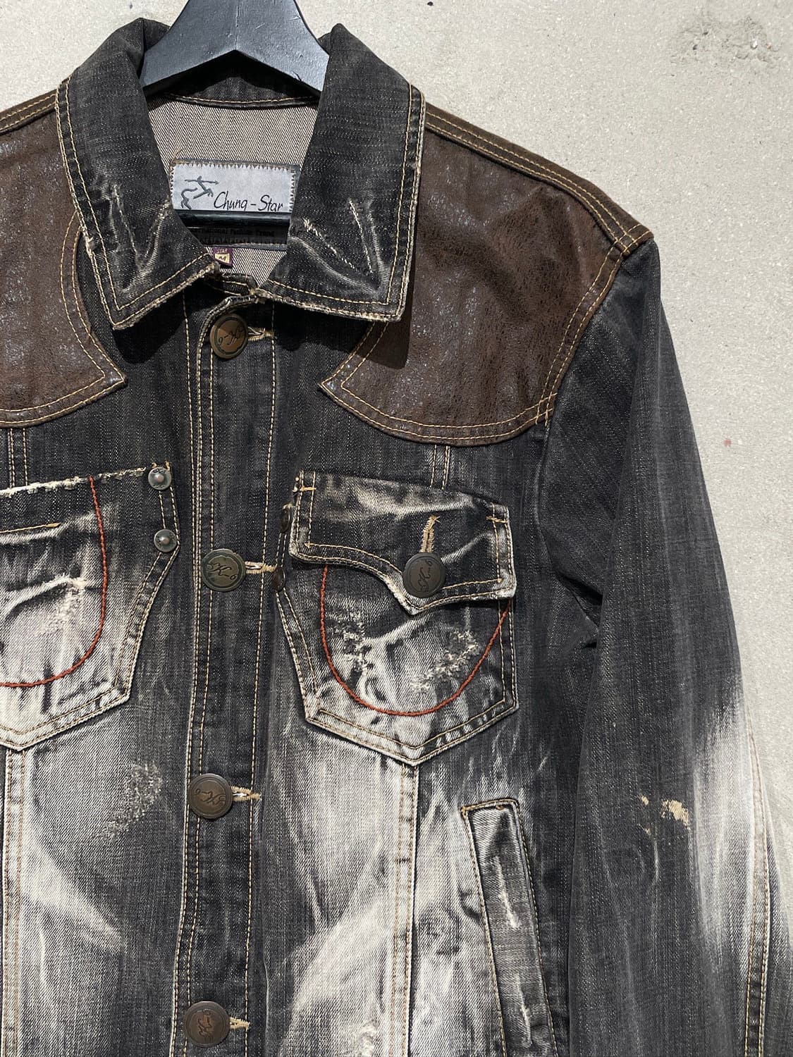청스타 흑청 웨스턴 요크 레더 그런지 데님 자켓 상품이미지3