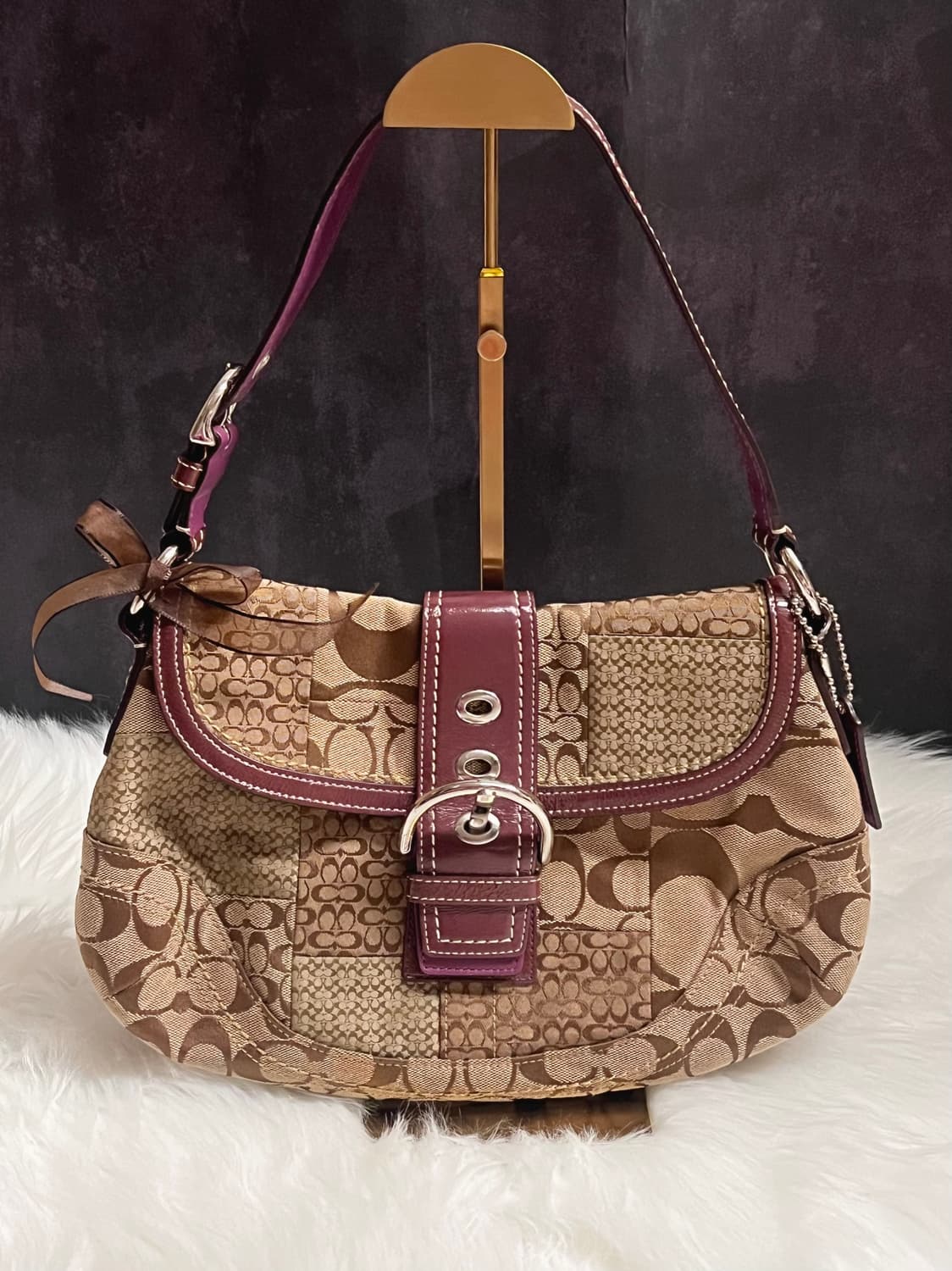 90s coach 시그니처 패치워크 캔버스 딥 퍼플 레더 트리밍 소호백 상품이미지3