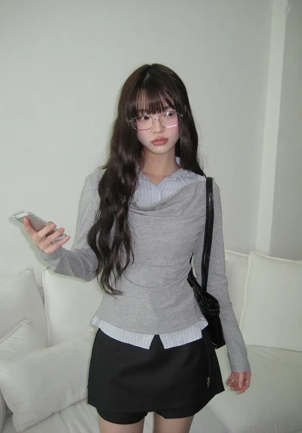 유색 헤브 레이어드 일체형 셔츠 드레이프 긴팔 상품이미지1