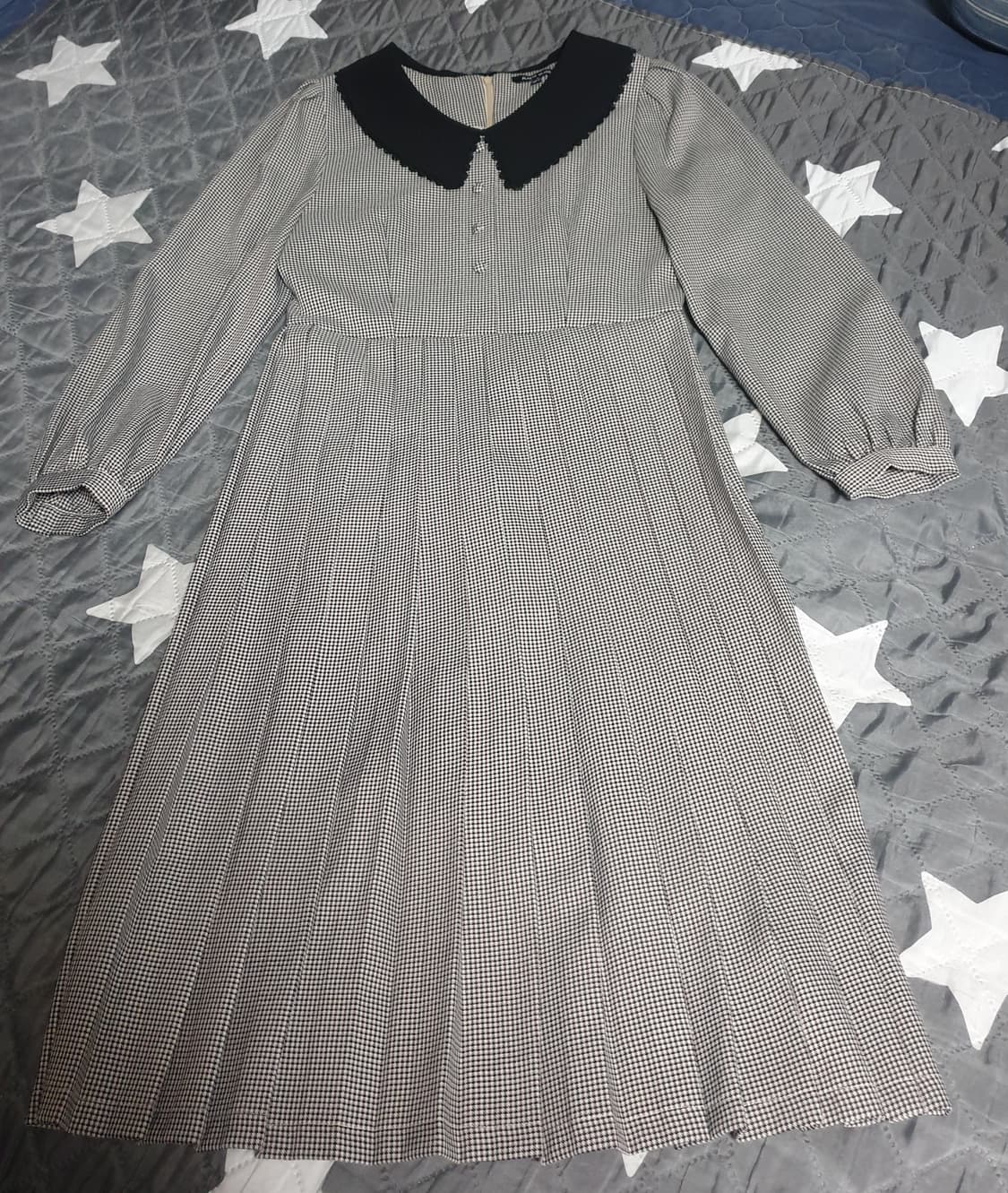 플라스틱아일랜드 카라 레이스 지도리체크 플리츠 롱 원피스 (S) 상품이미지1