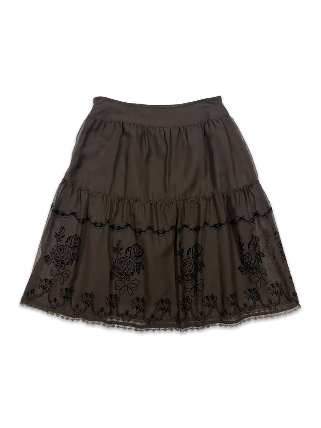 빈티지 브라운 시스루 로즈 플레어 미디 스커트 상품이미지1