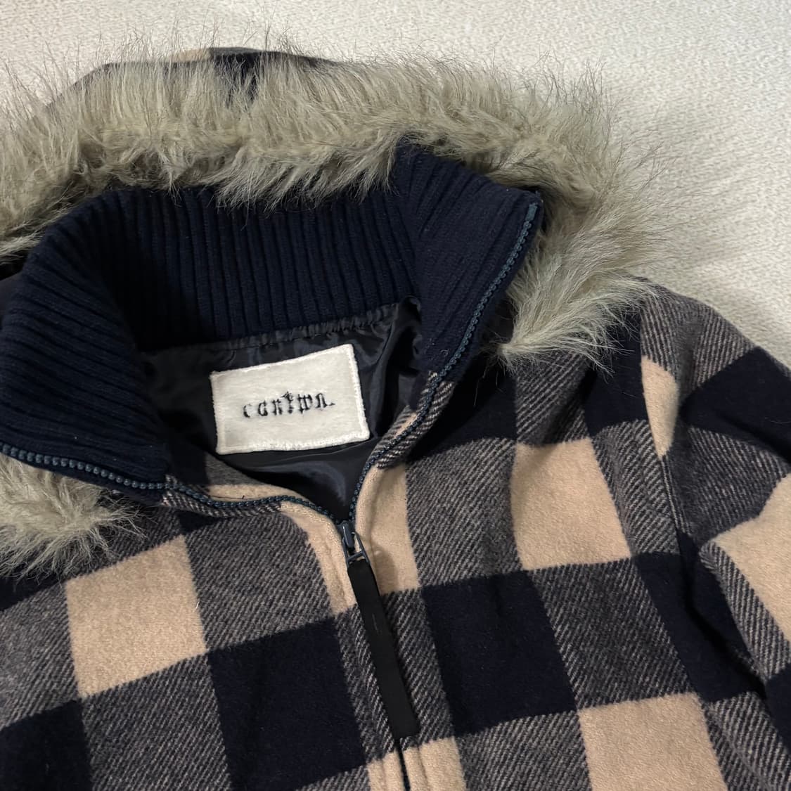 일본빈티지 네이비 체크 퍼 후디 아우터 상품이미지4