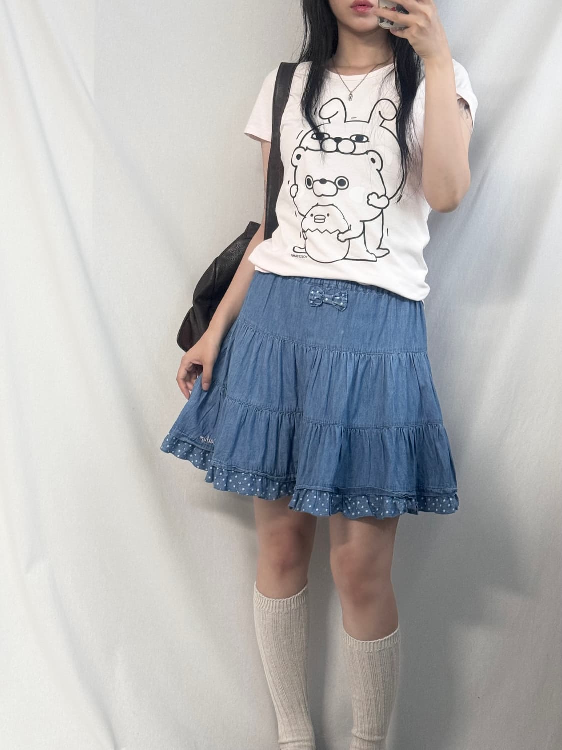 요시 스탬프 연핑크 티 데님 스커트 2pcs SET 상품이미지5