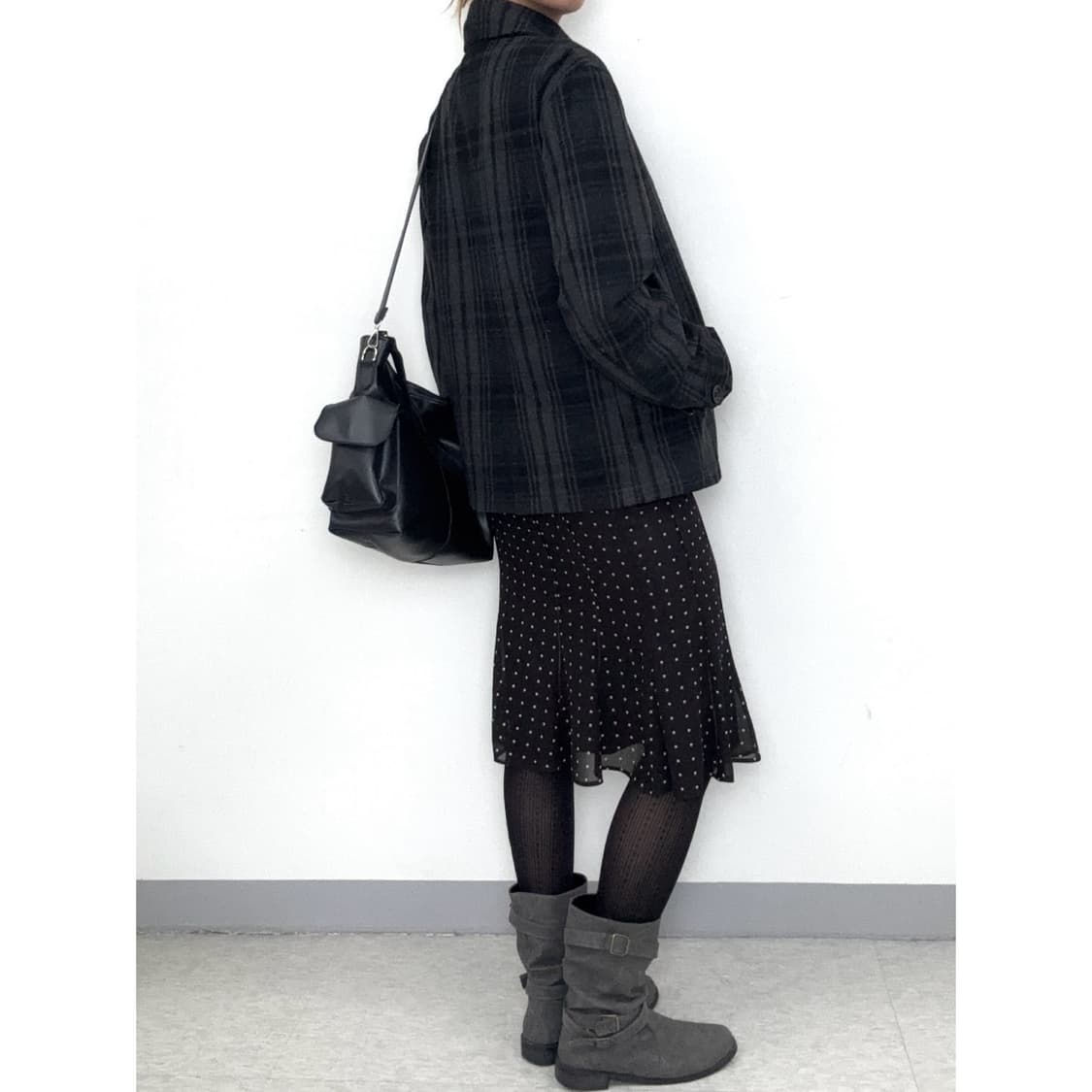 빈티지 그레이 체크 울 하프 더블코트 자켓 상품이미지4