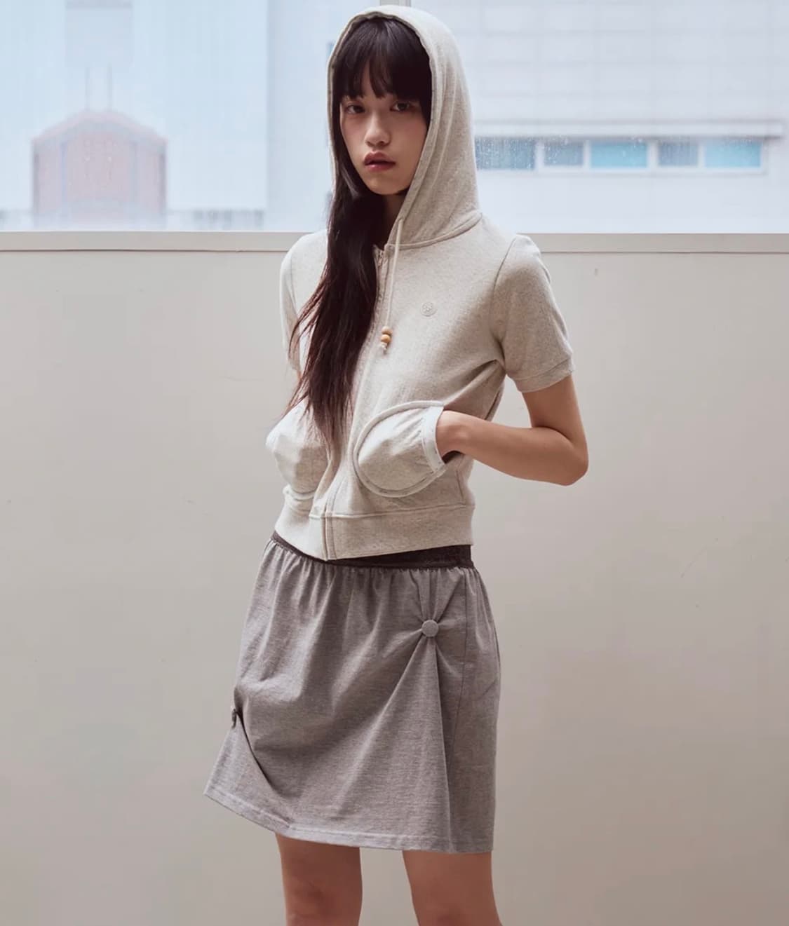 Lace Waist Shirring Skirt, Melange 상품이미지1