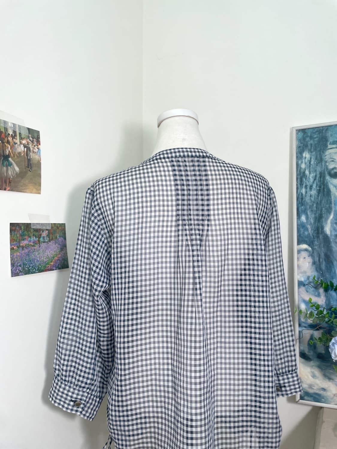 navy check side bow loose chiffon blouse 상품이미지4