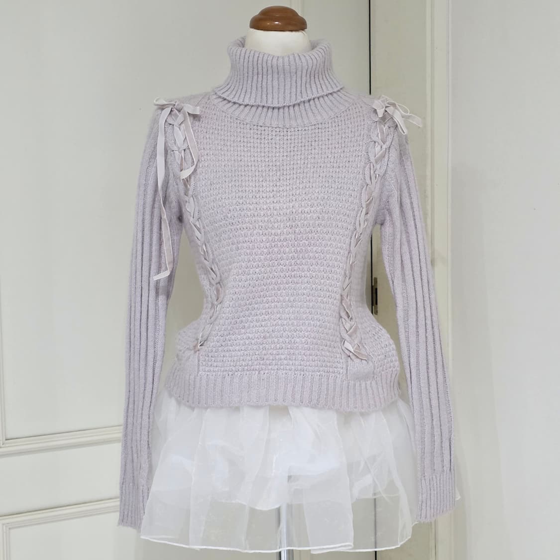 일본빈티지)히메갸루st 라벤더리본 리즈엑팜깔 로맨틱 겨울 니트스웨터 상품이미지1