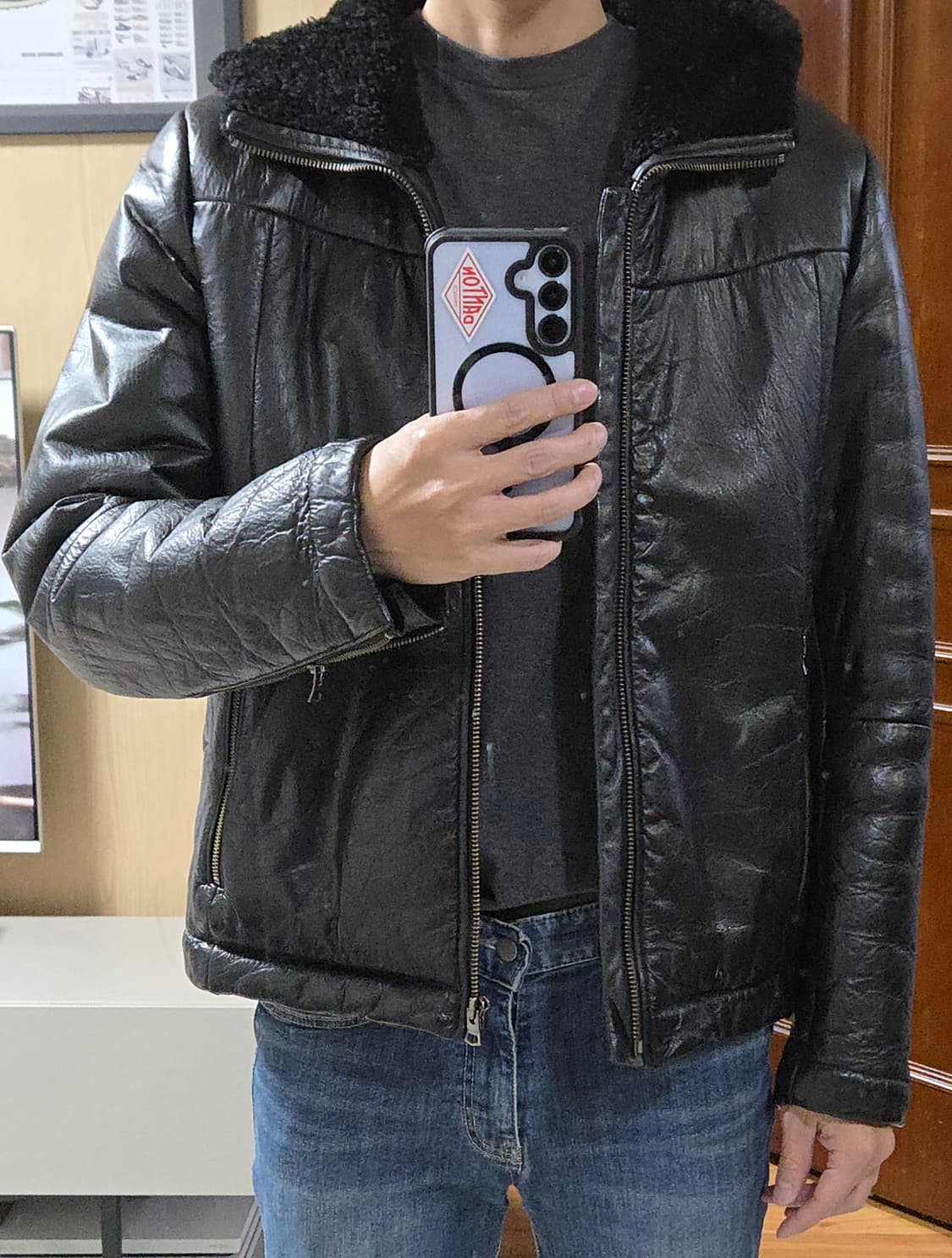 (착샷) 띠어리 후드 무스탕 가죽자켓 상품이미지7