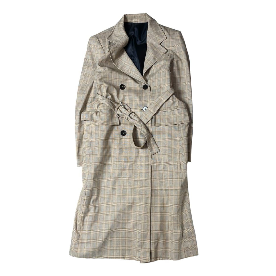 빈티지 옐로우 브라운 체크 패턴 더블 폴리 롱 코트 상품이미지1