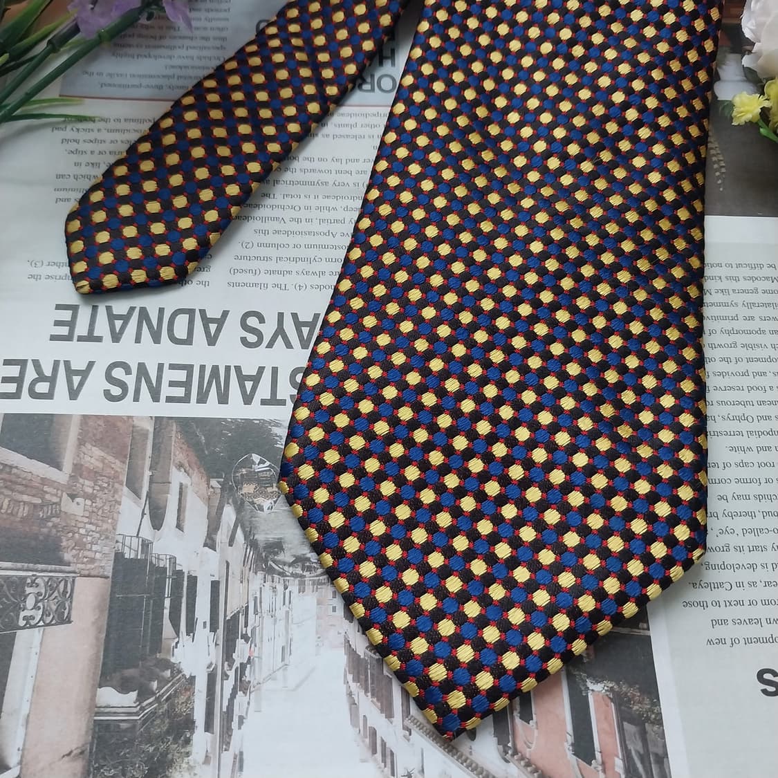 아쿠아스큐텀 실크 네이비 체크 도트 넥타이 9.3cm A+등급 K1215 상품이미지3