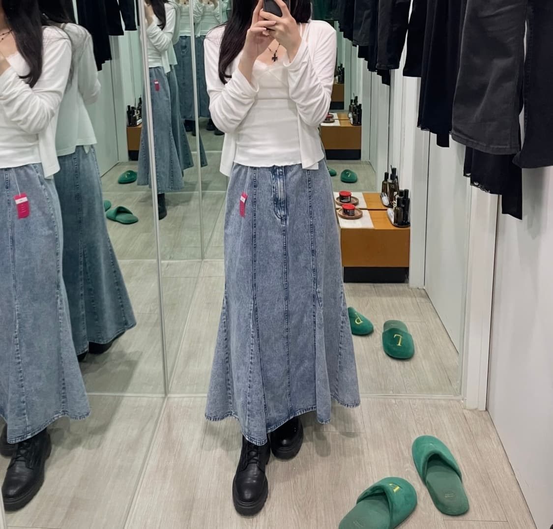 빈티지 데님 머메이드 맥시 롱스커트 연청 (벨트고리 있음) 상품이미지2