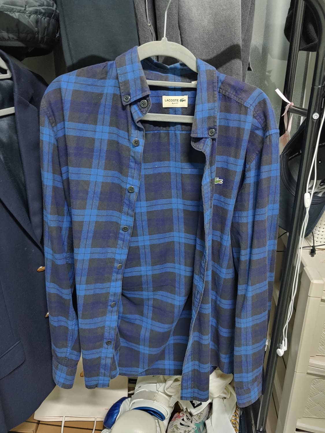 라코스테 슬림핏 블루 체크 긴팔 셔츠 M 상품이미지1