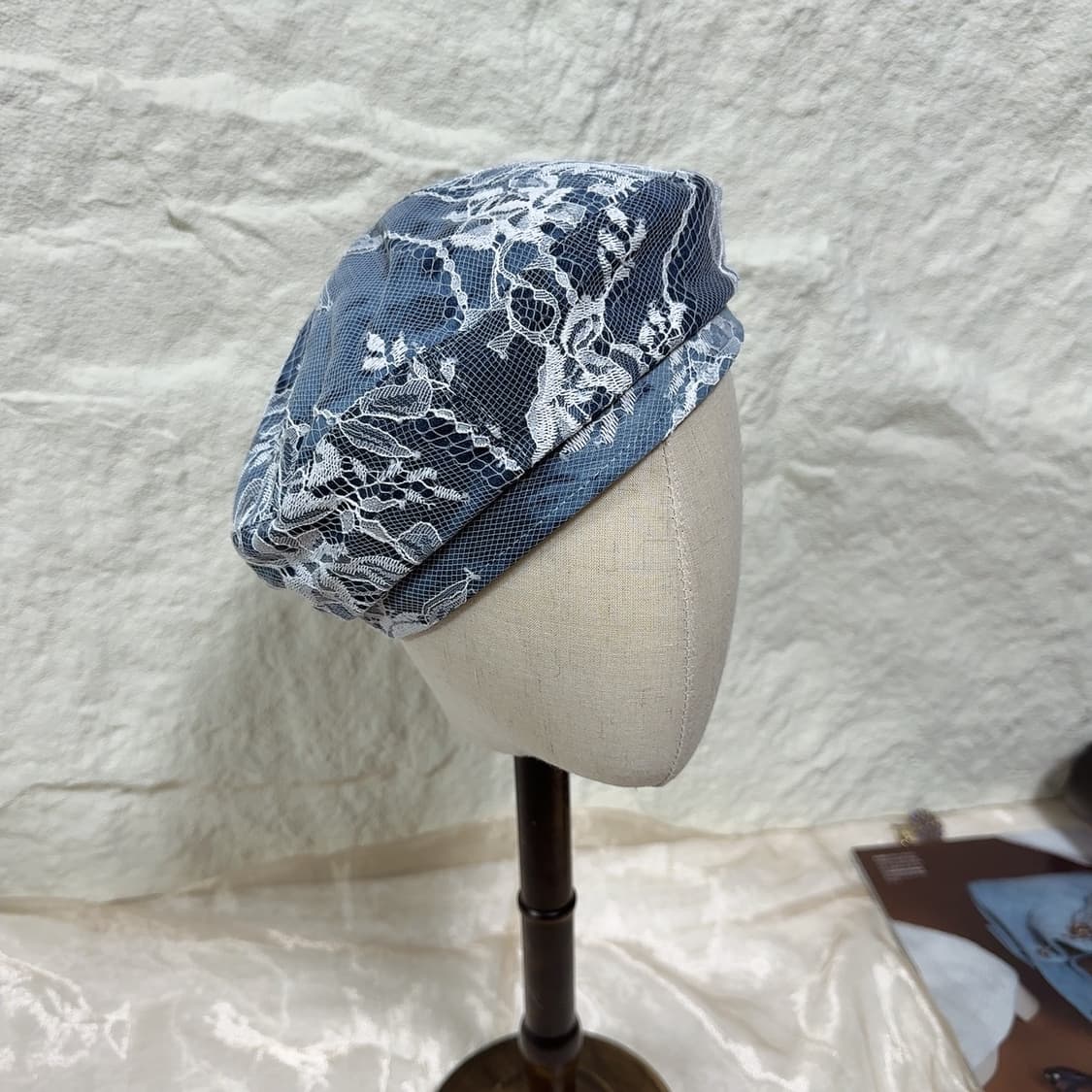 빈티지 데님블루 레이스 조절가능 베레모 화가모자 상품이미지2