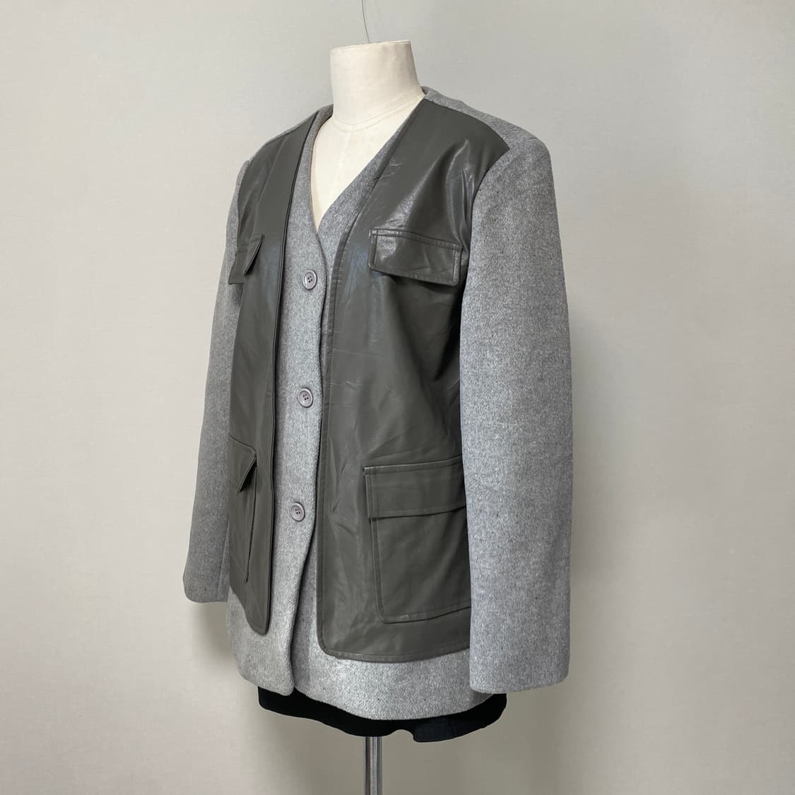 앞판 인조가죽 배색 울 노카라 자켓 상품이미지9