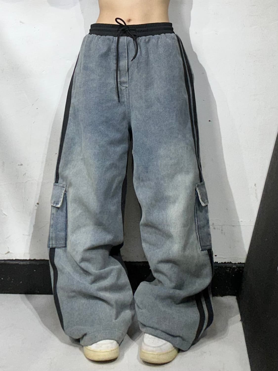 빈티지 연청 데님 사이드 라인 포인트 와이드 청 카고 팬츠 힙합 바지  상품이미지2