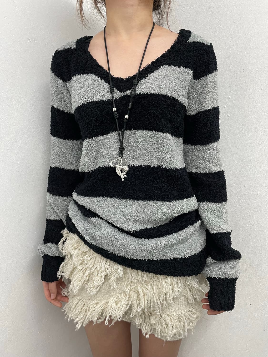 헤어리 퍼 프릴 니트 스커트 상품이미지7