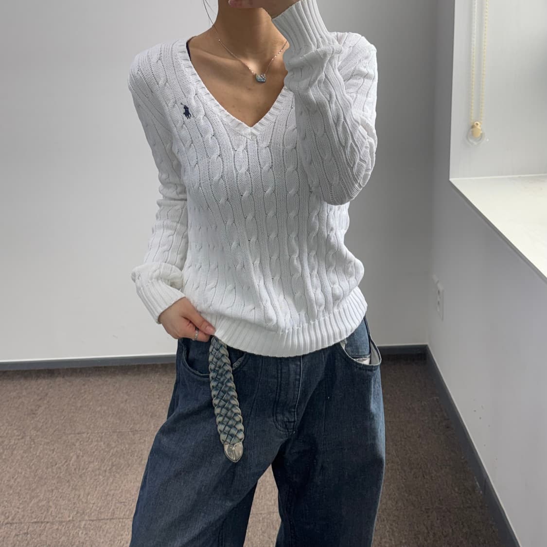 Polo 폴로 네이비 포니 화이트 브이넥 케이블 니트 상품이미지2