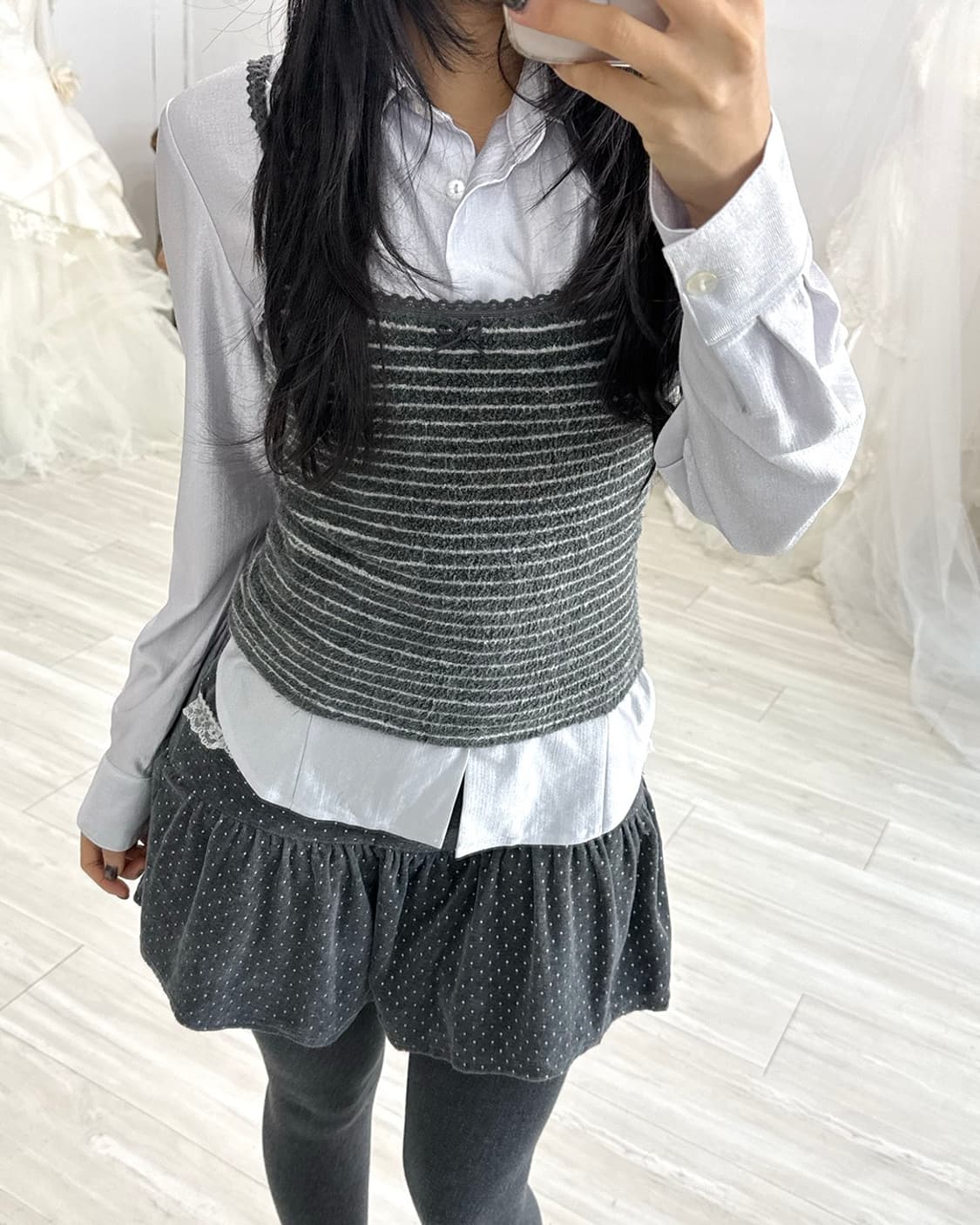 Gray Dot Pleated Mini Skirt 상품이미지4