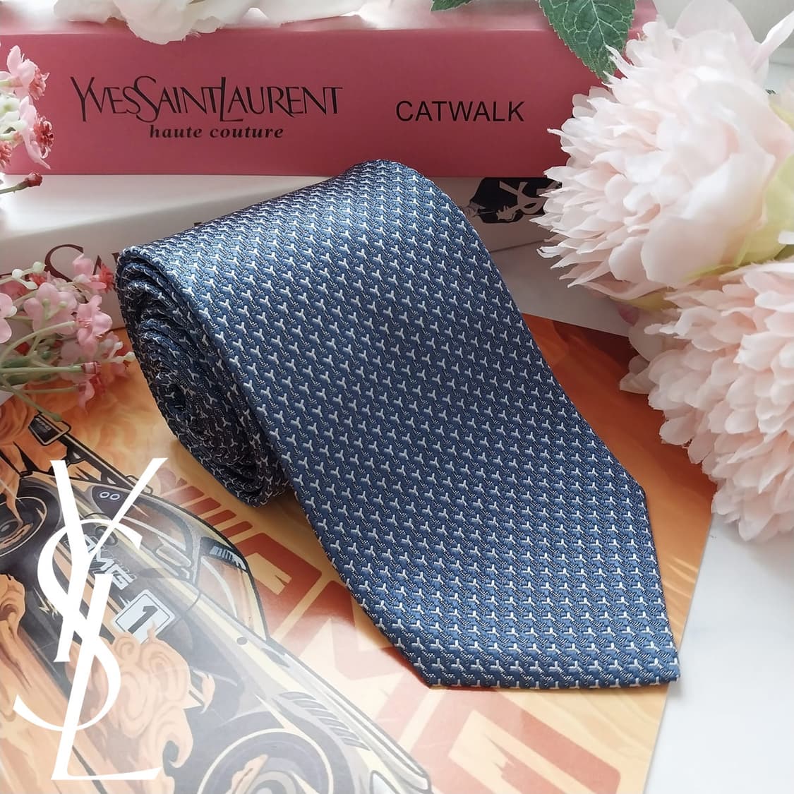 입생로랑 실크 블루 자카드 로고 넥타이 8.3cm S~A+등급 K1466 상품이미지1