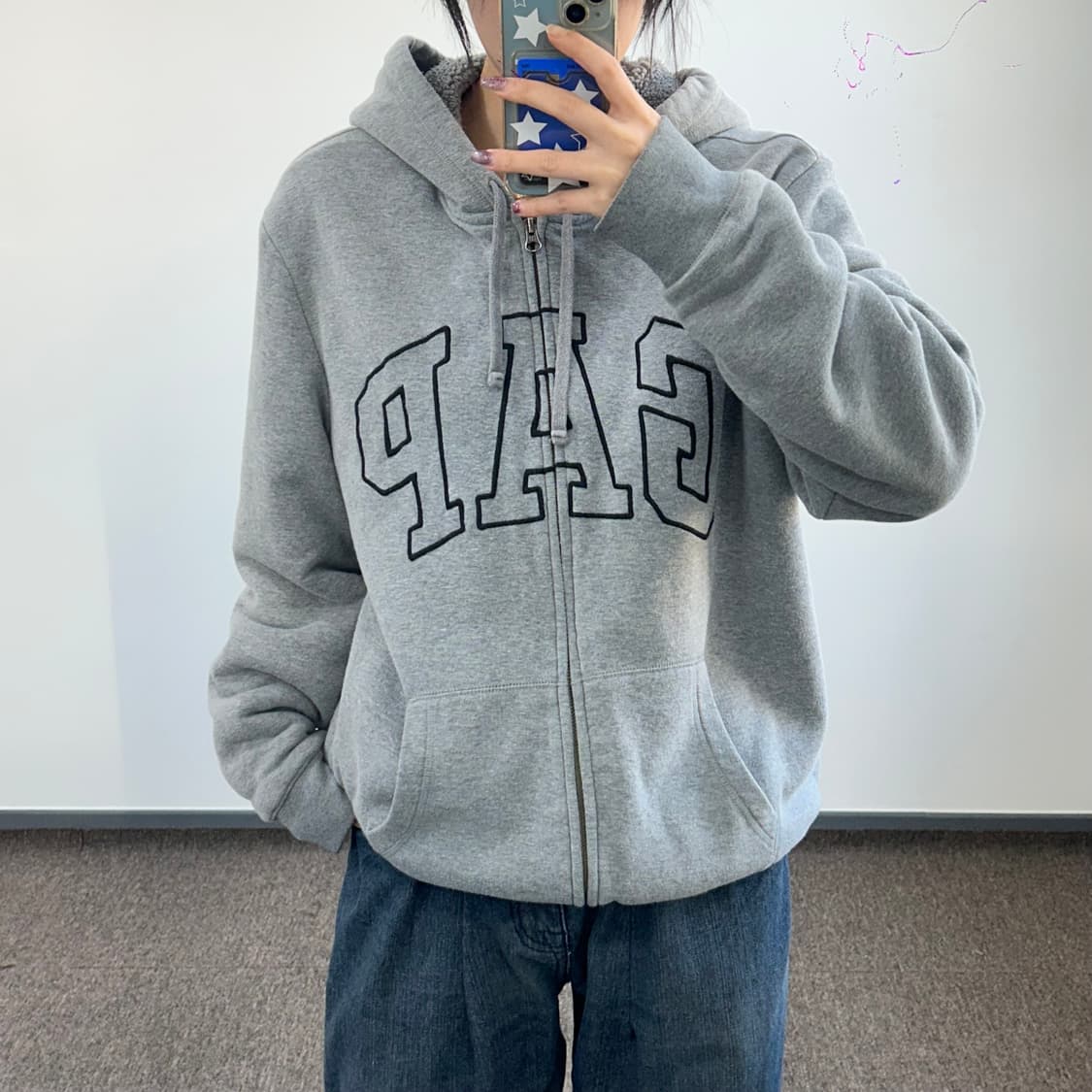 GAP 갭 블랙 로고 퍼 안감 그레이 후드집업  상품이미지2