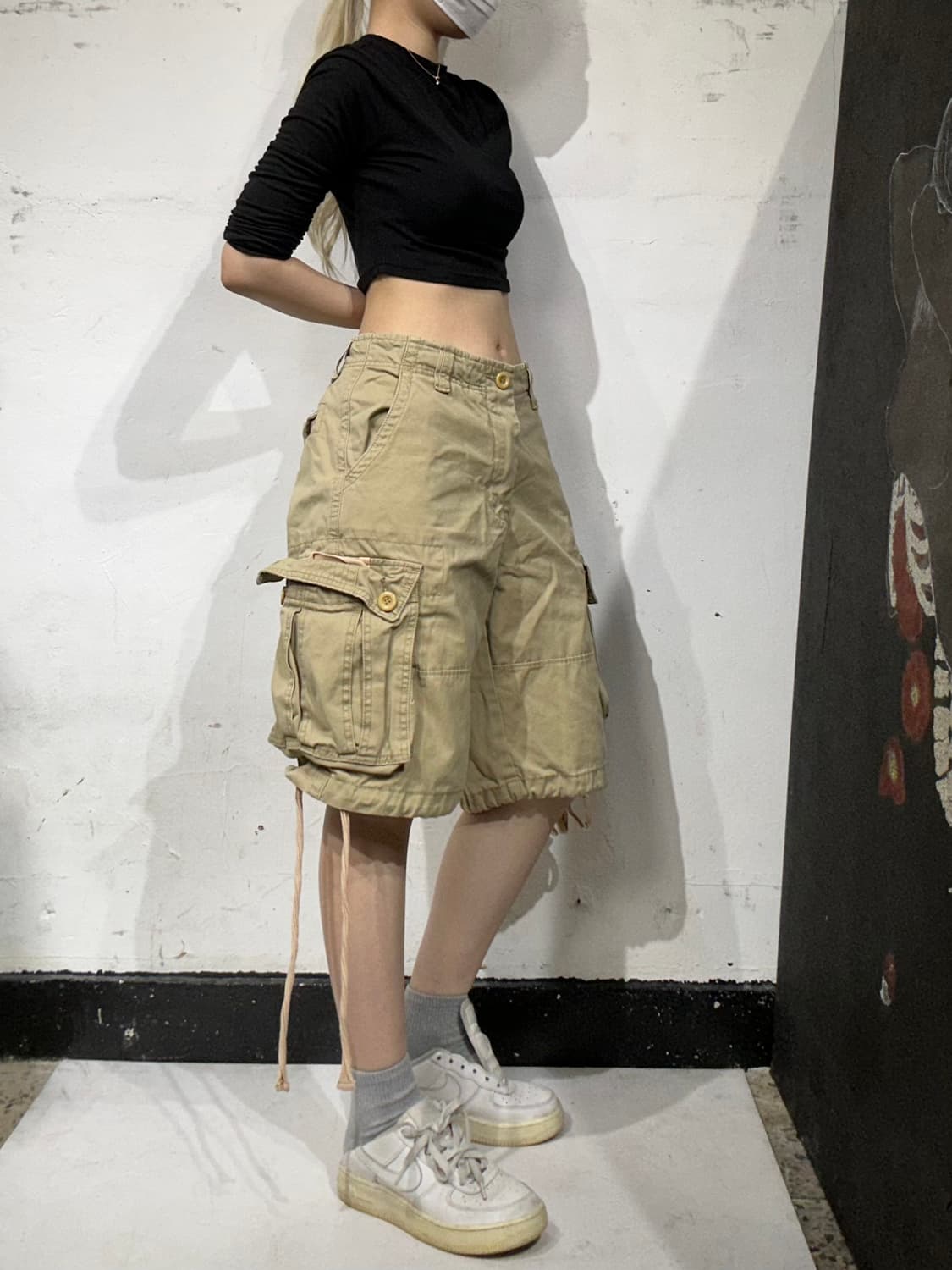 90s wutang 베이지 힙합 빅 포켓 하프 카고 팬츠 버뮤다 반바지 상품이미지1