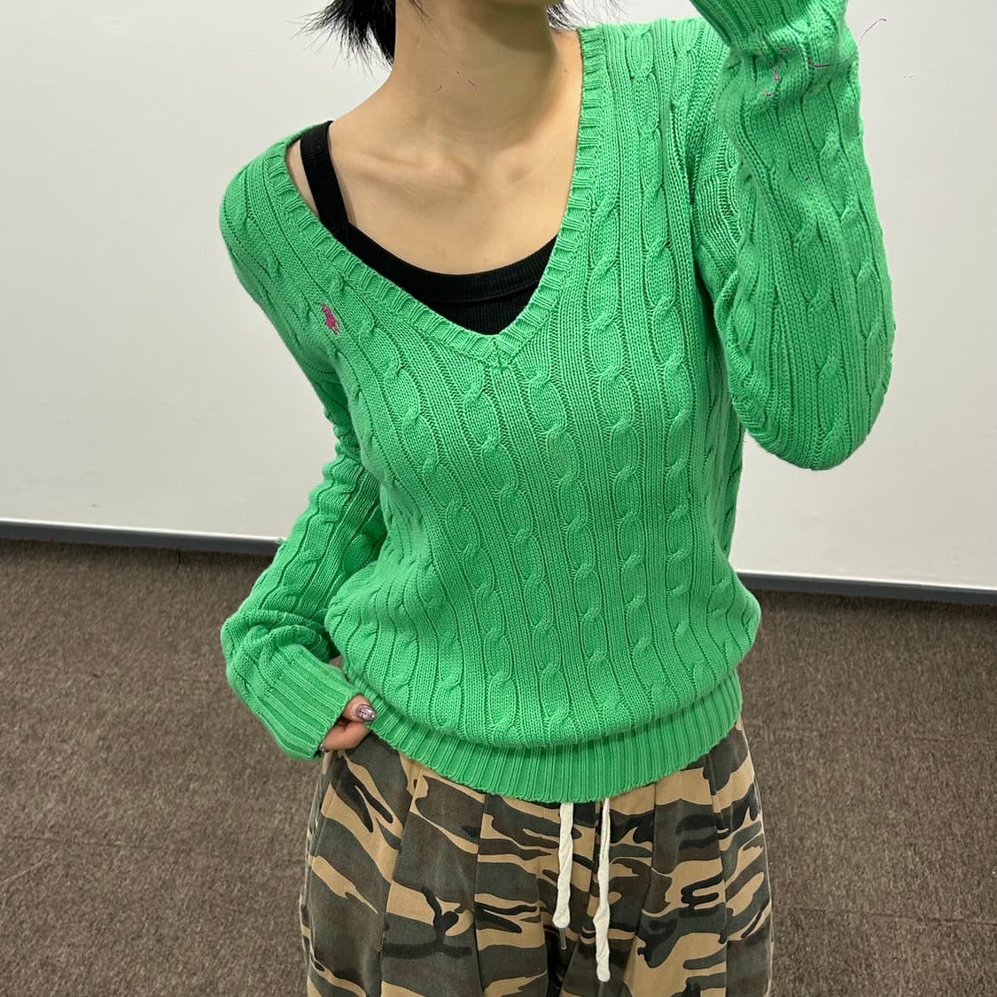 Polo 폴로 핑크 포니 그린 브이넥 케이블니트 상품이미지1