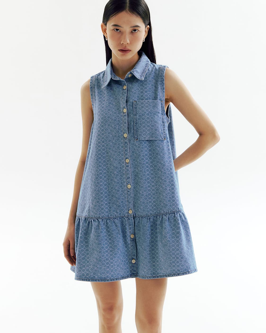 CHOWOO 슬리브리스 A라인 프릴디자인 자카드 패턴 데님 청 원피스 상품이미지6