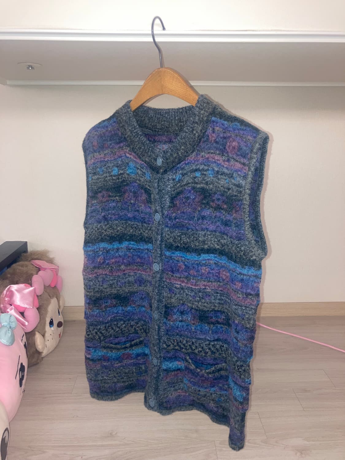 하구미룩 모리걸 스쿨룩 체크 랩스커트 하늘 가디건 케이블니트 베스트 츄바 상품이미지4