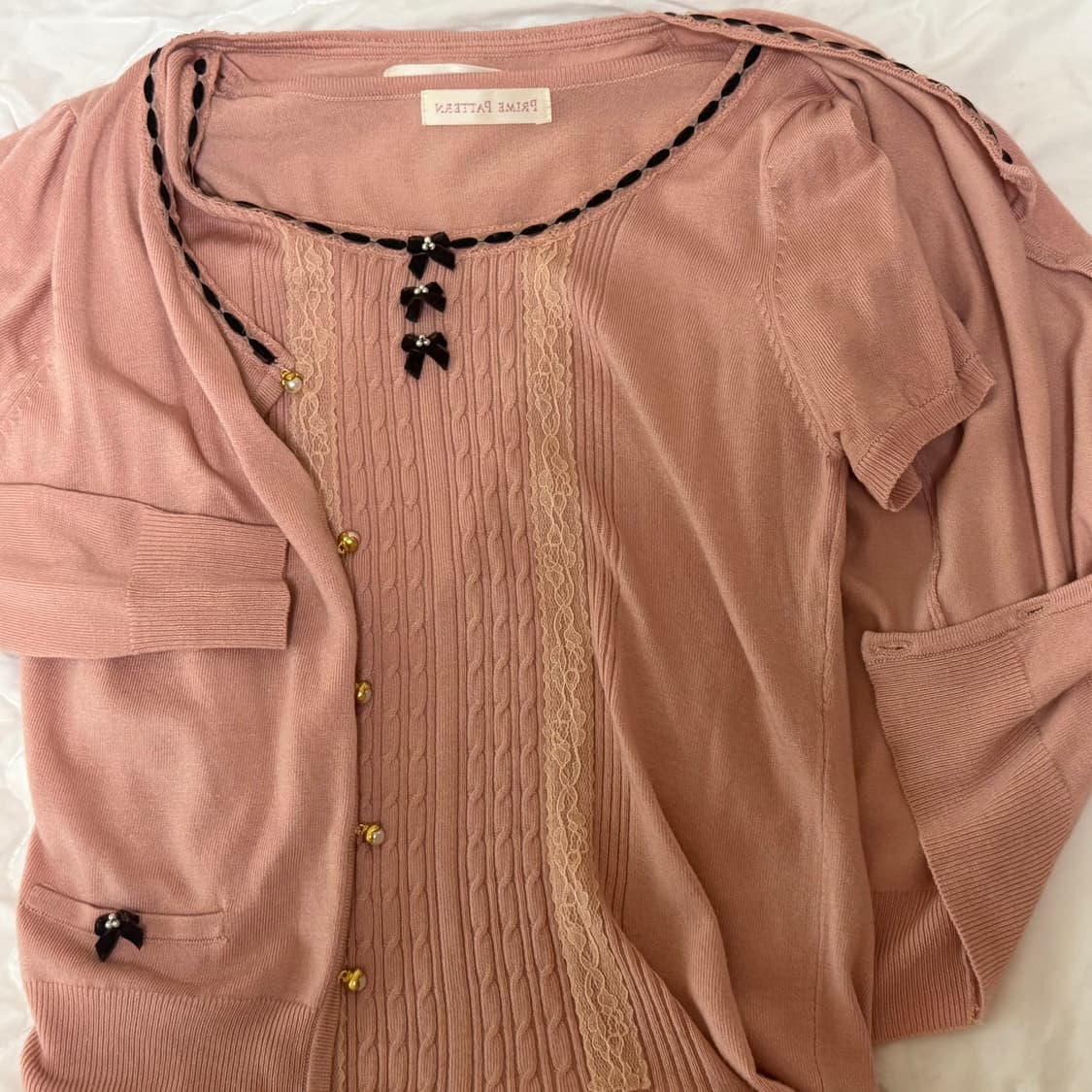 Prime pattern 리본 핑크 반팔 가디건 세트 상품이미지2