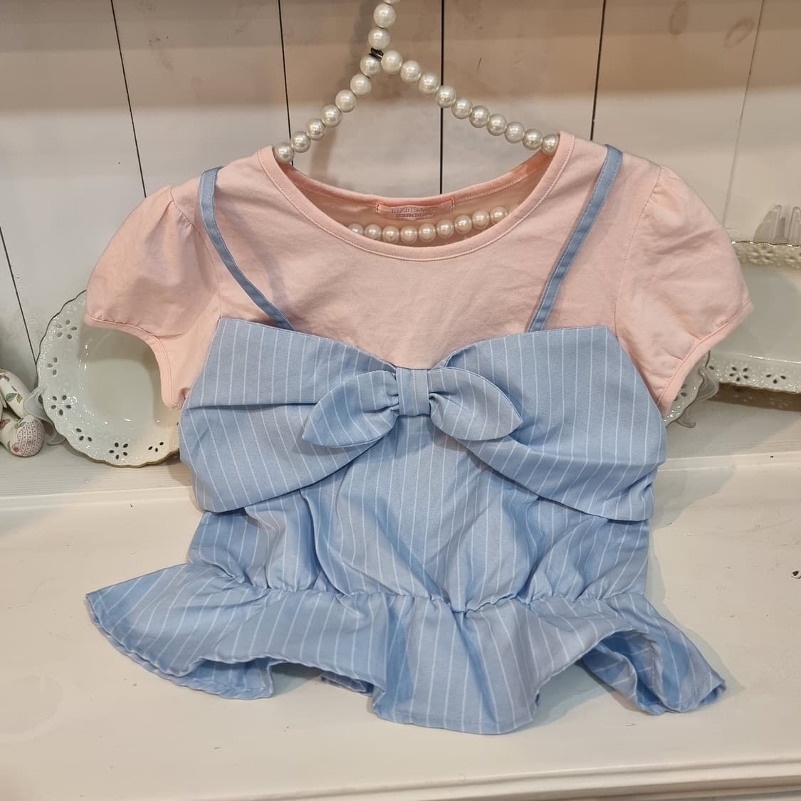 LIZ LISA doll(리즈리사 돌) 핑크×스카이블루 레이어드 리본 티 상품이미지4