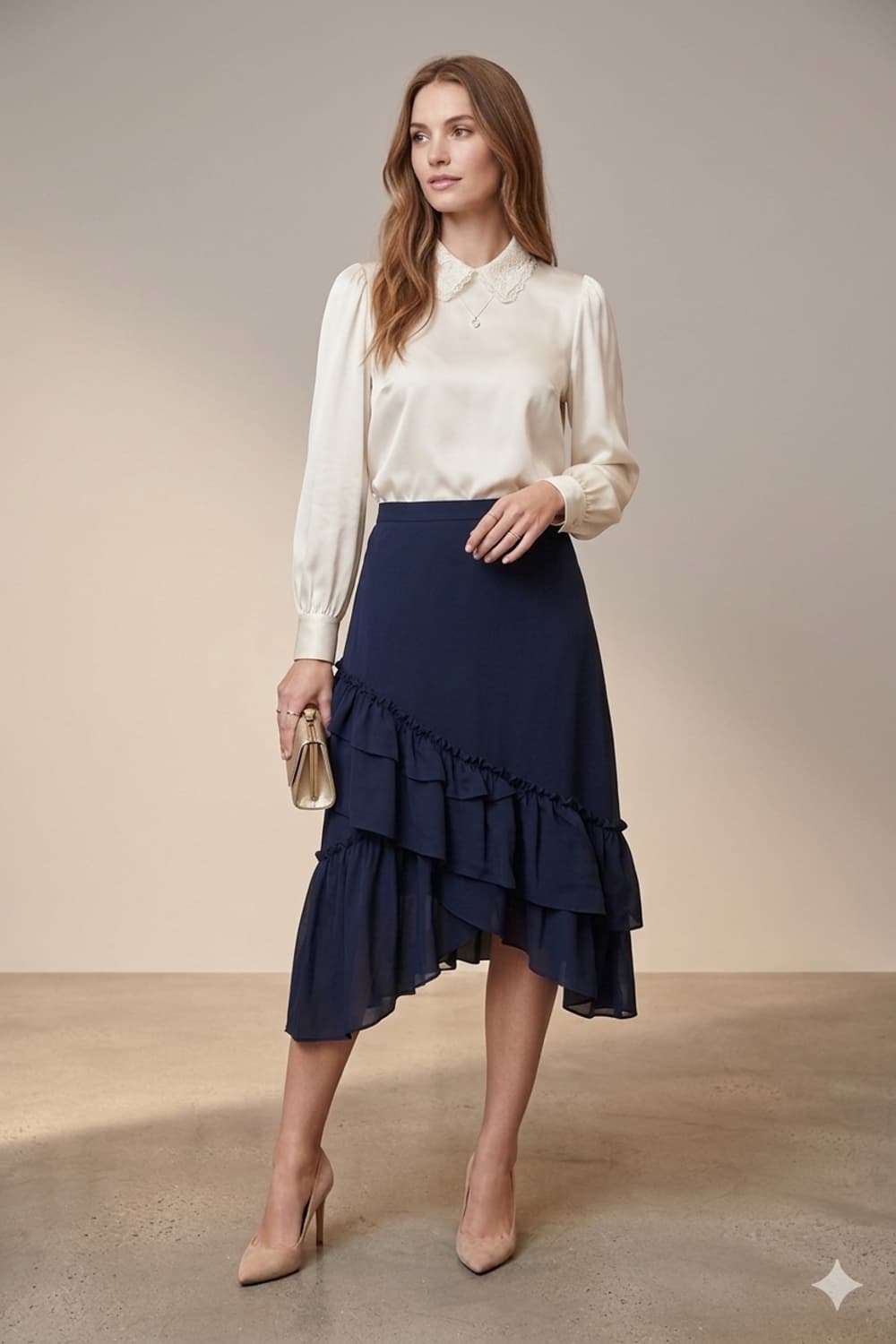 🌸가격인하 | 하객룩 언발 러플 미디 스커트 55 | 네이비 상품이미지1