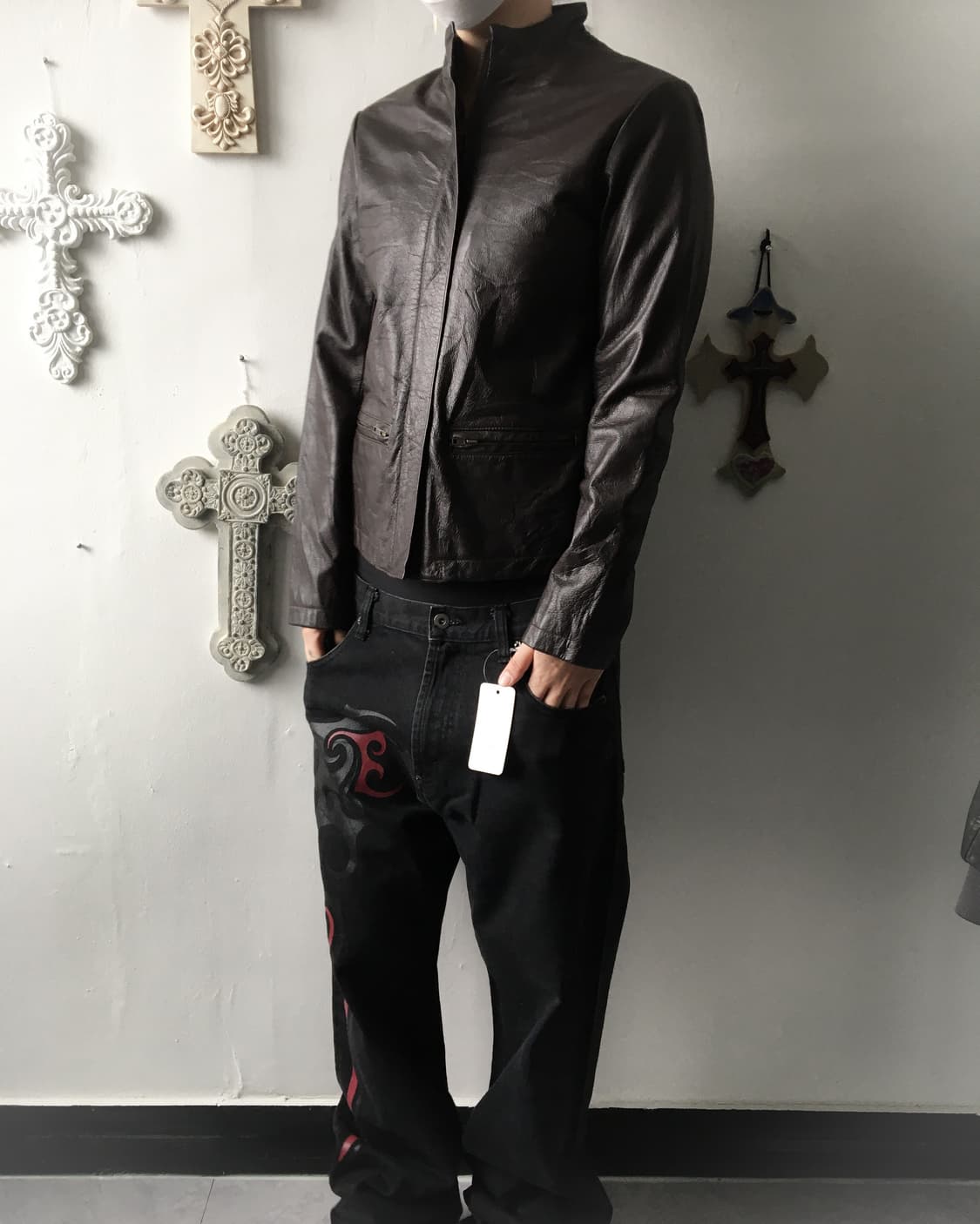 Brown high neck cow leather jacket 상품이미지6