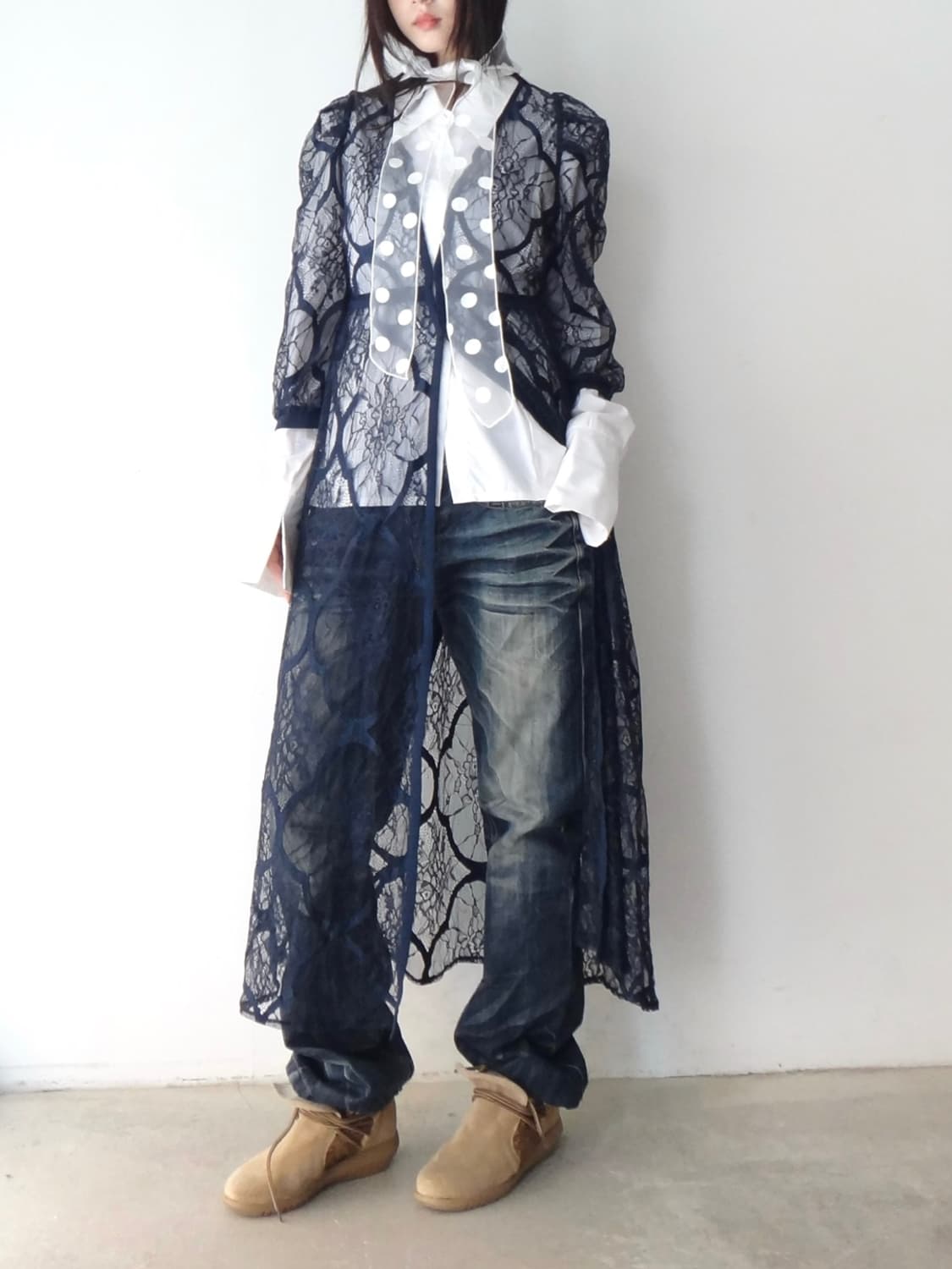 Lace layered long robe & top / navy 상품이미지6