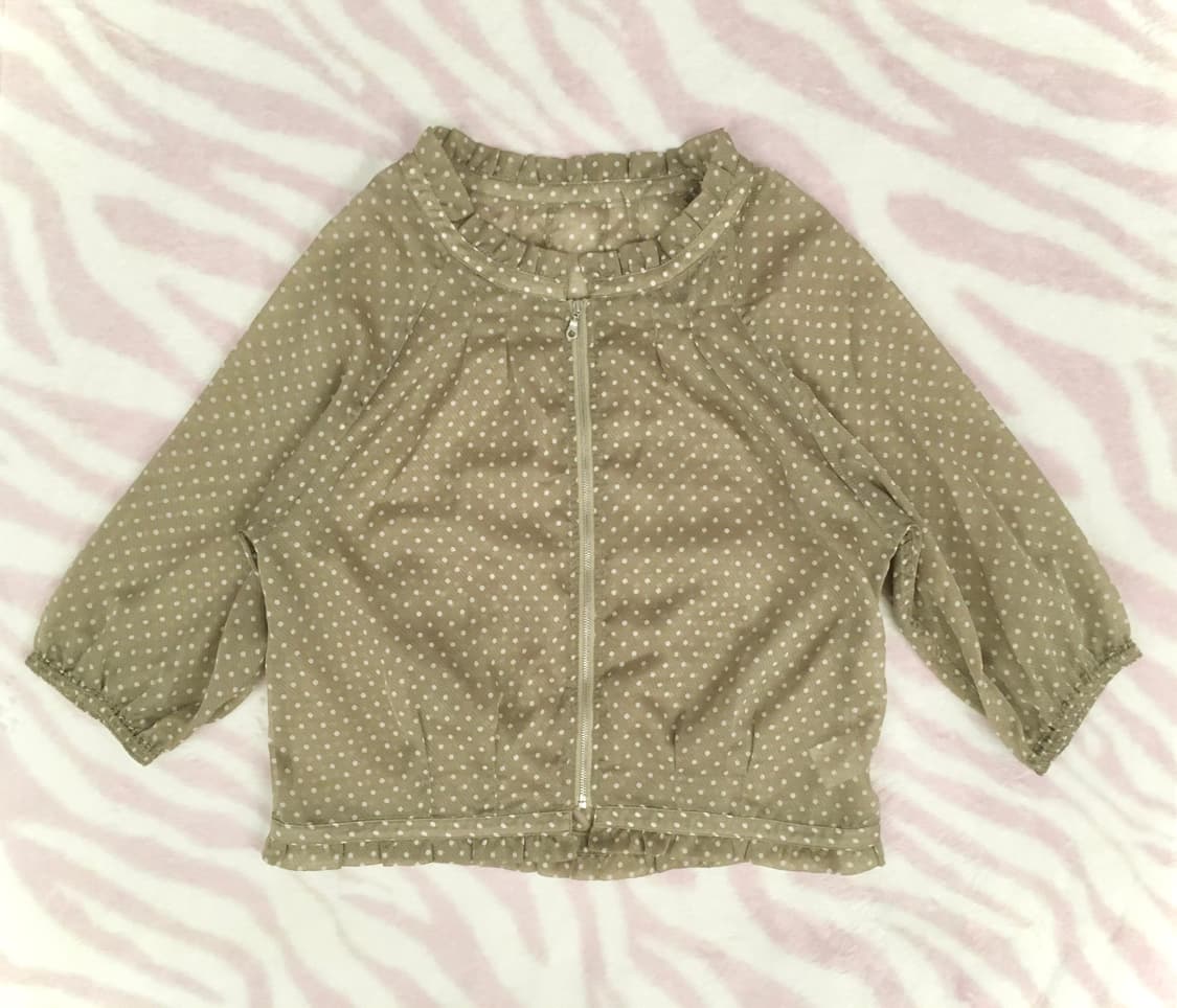 카키 도트 프릴 반투명 레이어드 집업 모리걸 가디건 갸루 땡땡이 상품이미지1