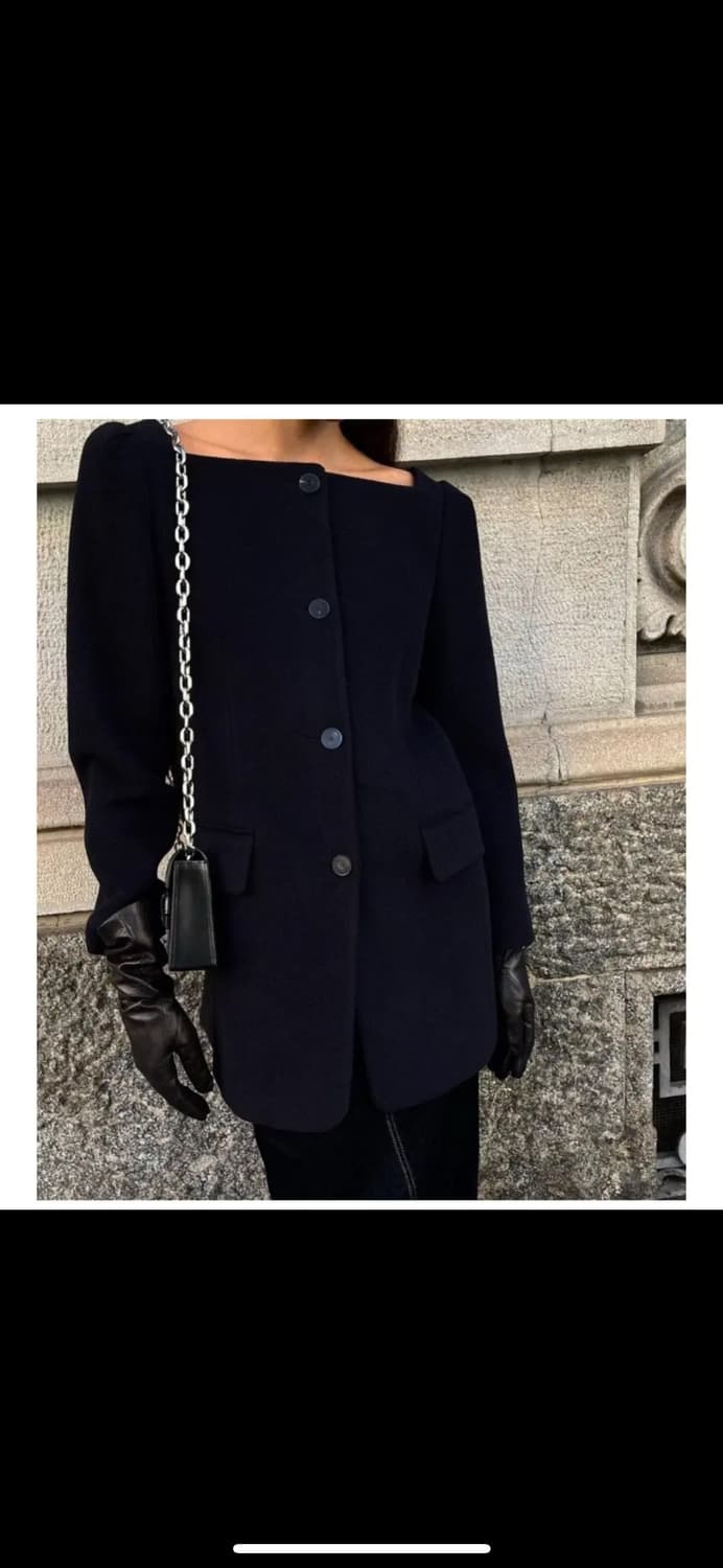 오르 퍼프 스퀘어넥 울자켓 카멜, 네이비 s 상품이미지2