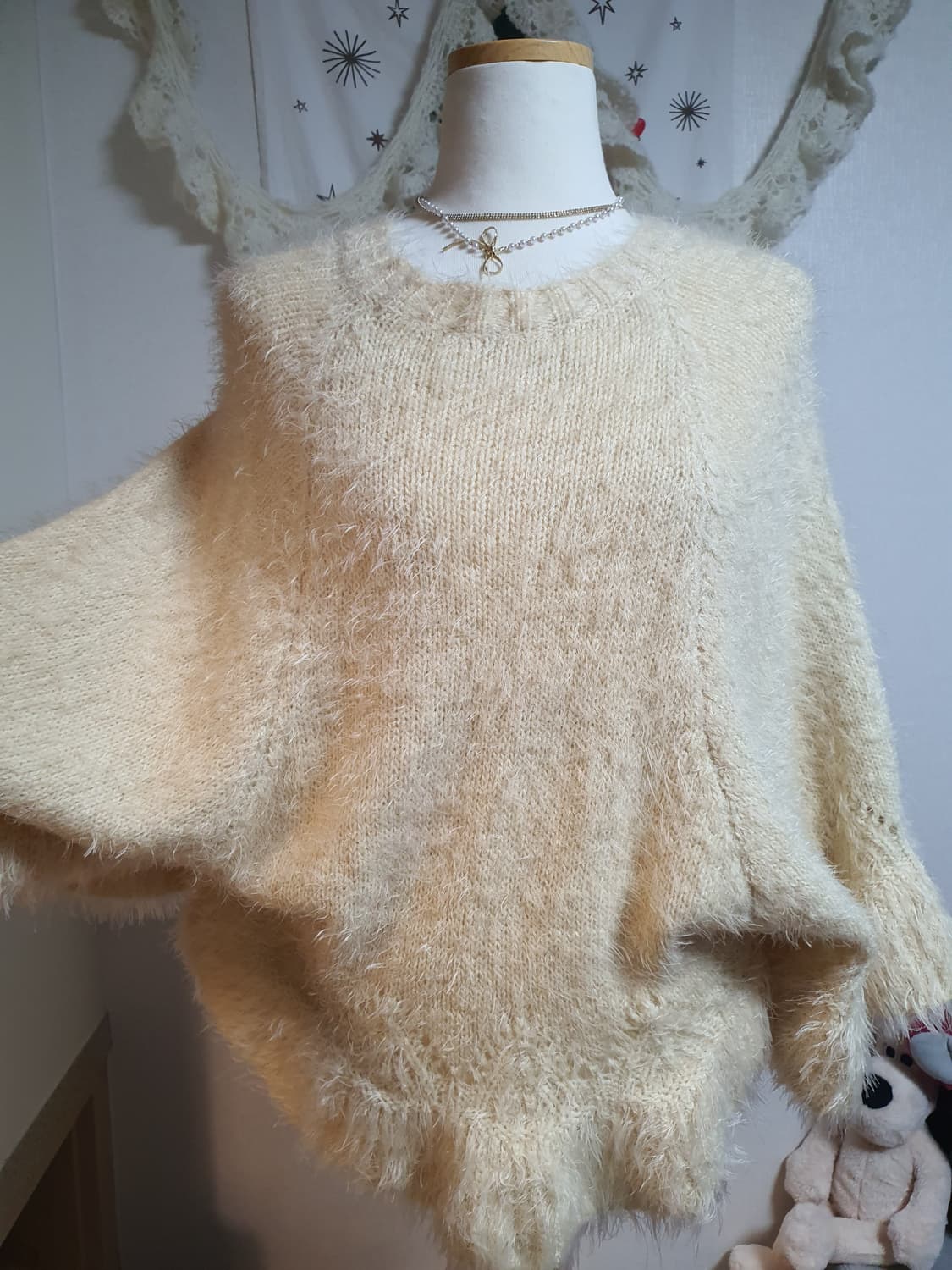 [모리걸] 아이보리 털실 니트 루즈핏 케이프 달천 사와코 상품이미지2