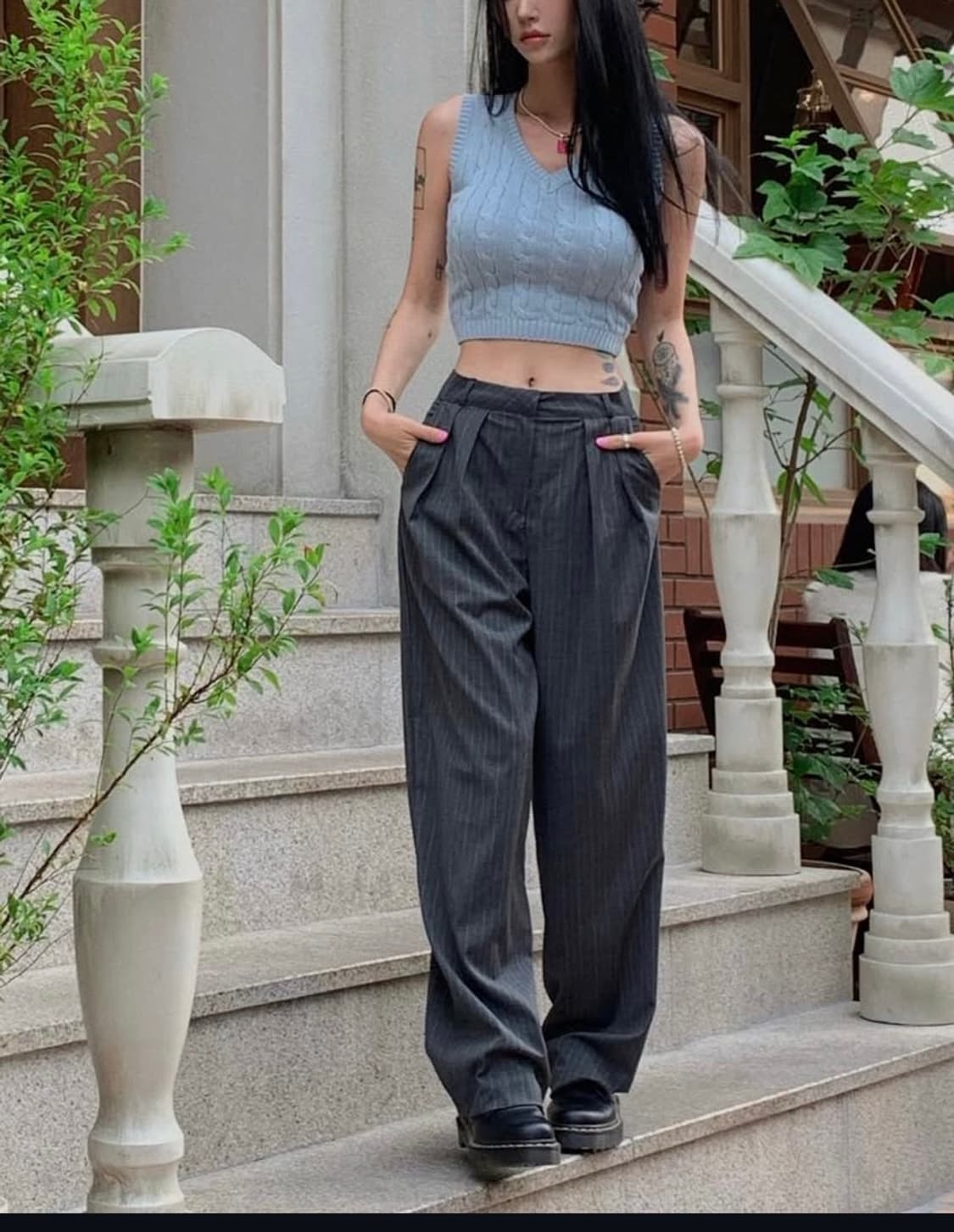 페일제이드 회색 스트라이프 와이드 슬랙스 상품이미지2