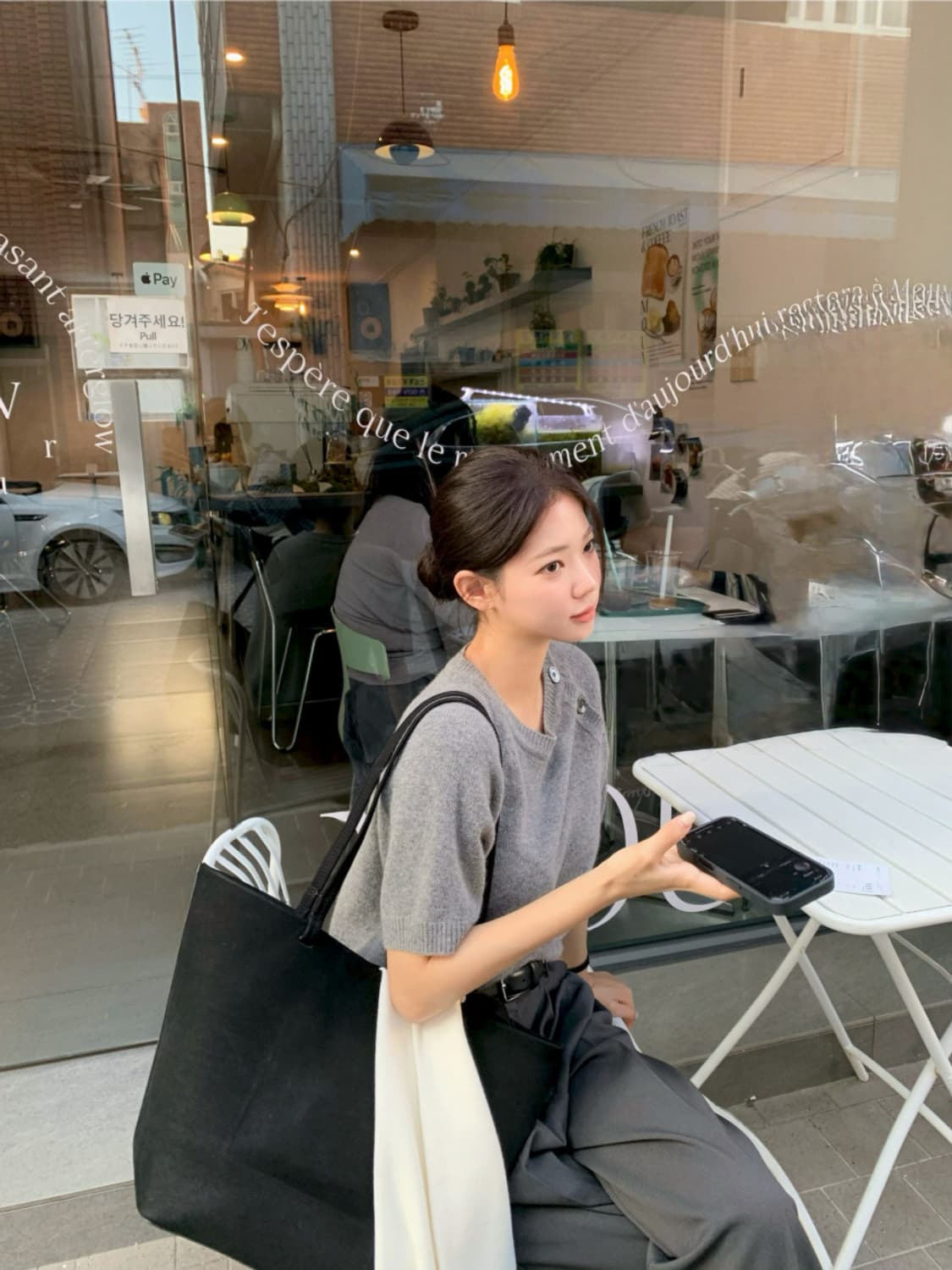 러브미우 니모 캐시미어 버튼 니트, 차콜 상품이미지1