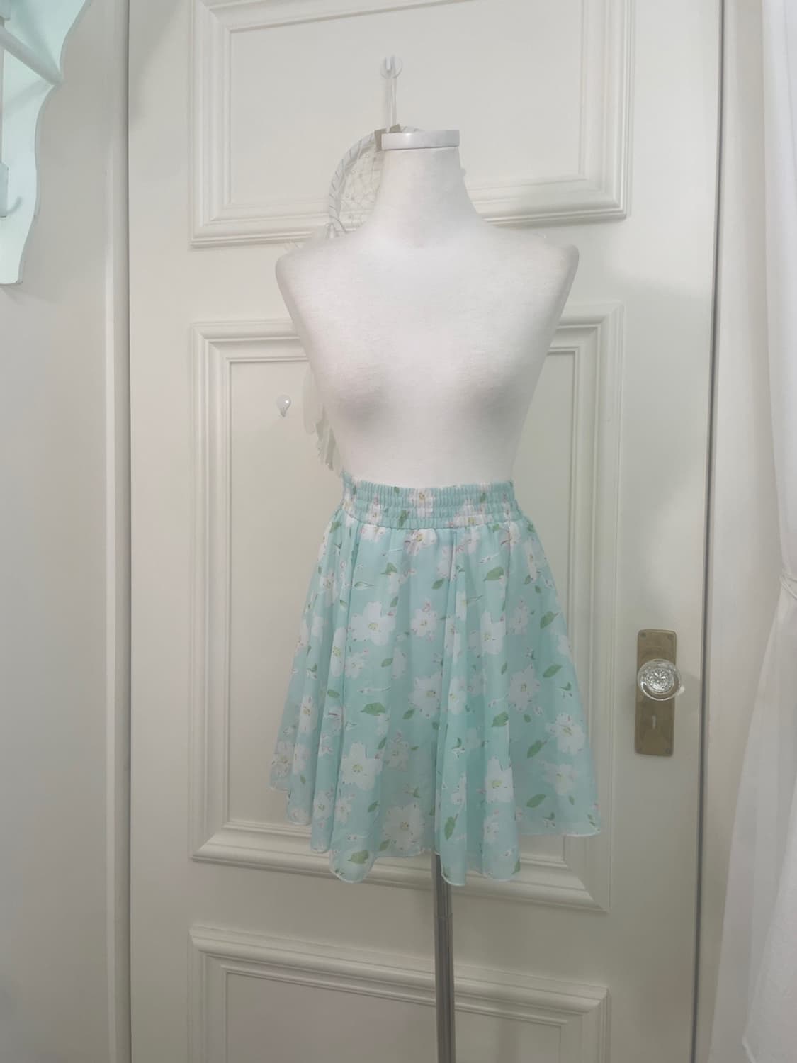 mint white flower banding midi skirt 상품이미지1