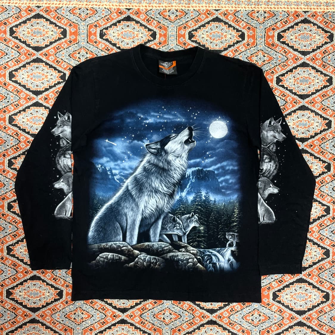 락이글 울프 프린팅 블랙 긴팔 티셔츠 여성M 상품이미지1