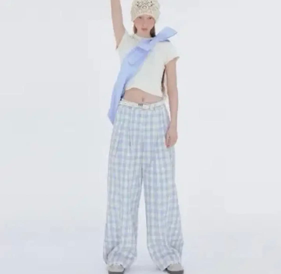 중국브랜드 타오바오 WHY BERRY 핀턱 체크 와이드팬츠 상품이미지1