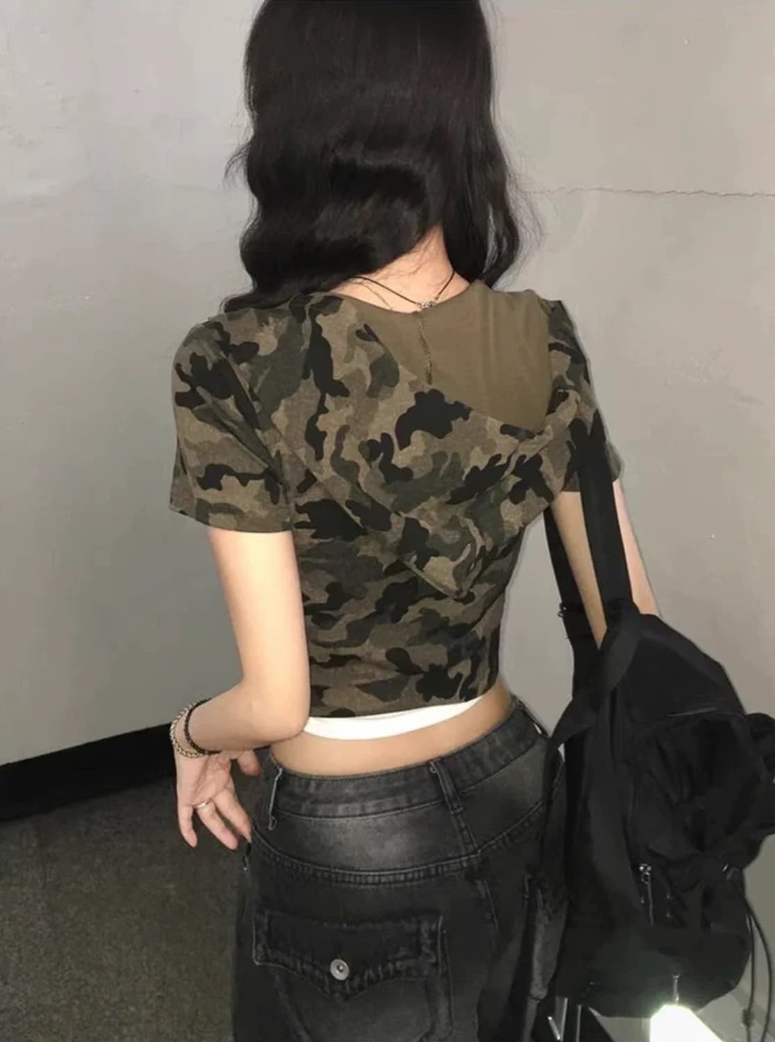 카모 후드 집업 크롭 반팔 티셔츠 상품이미지4