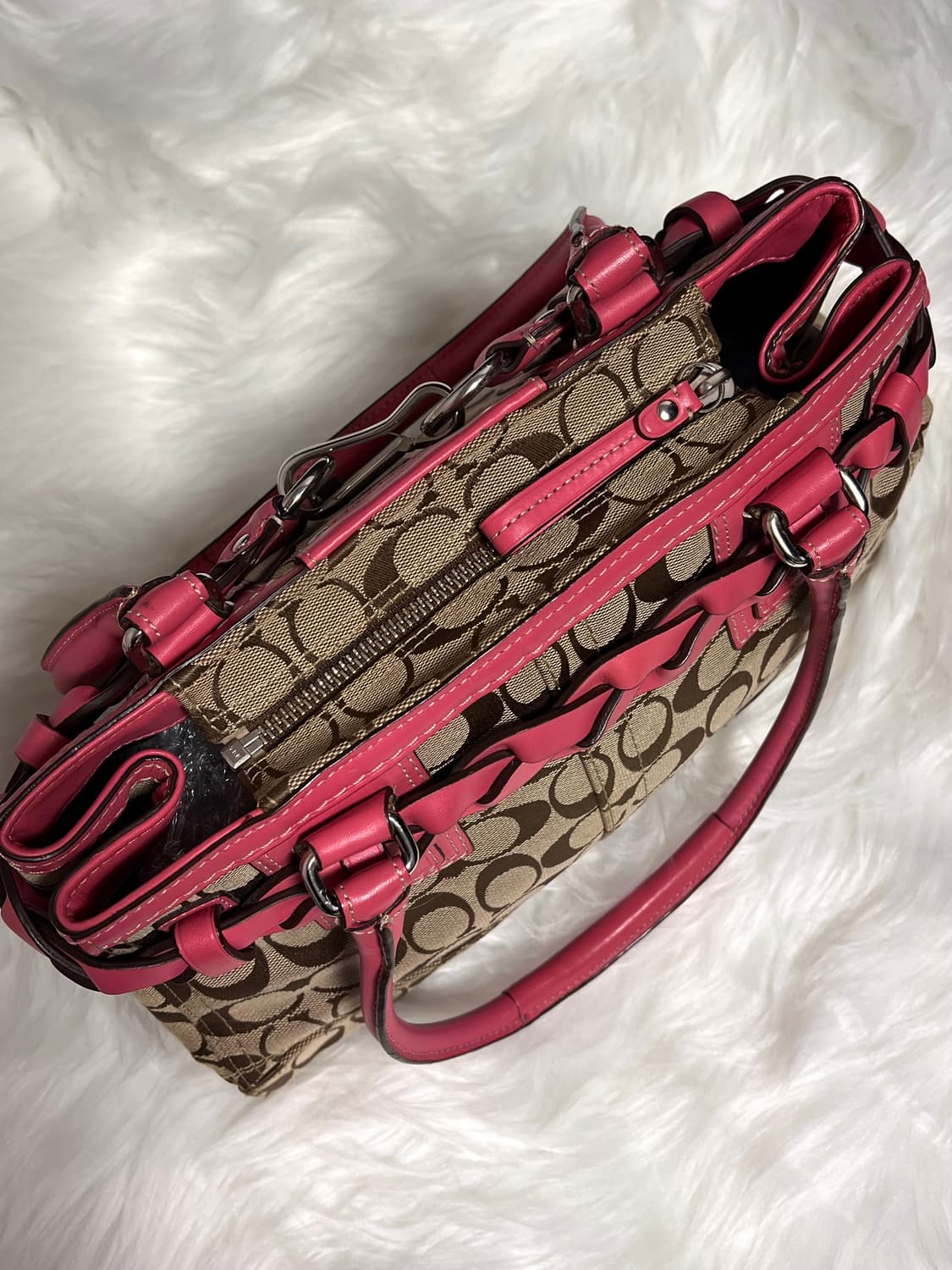 90s coach 햄튼 시그니처 캔버스 레더 브레이드 핑크 사첼백 상품이미지7