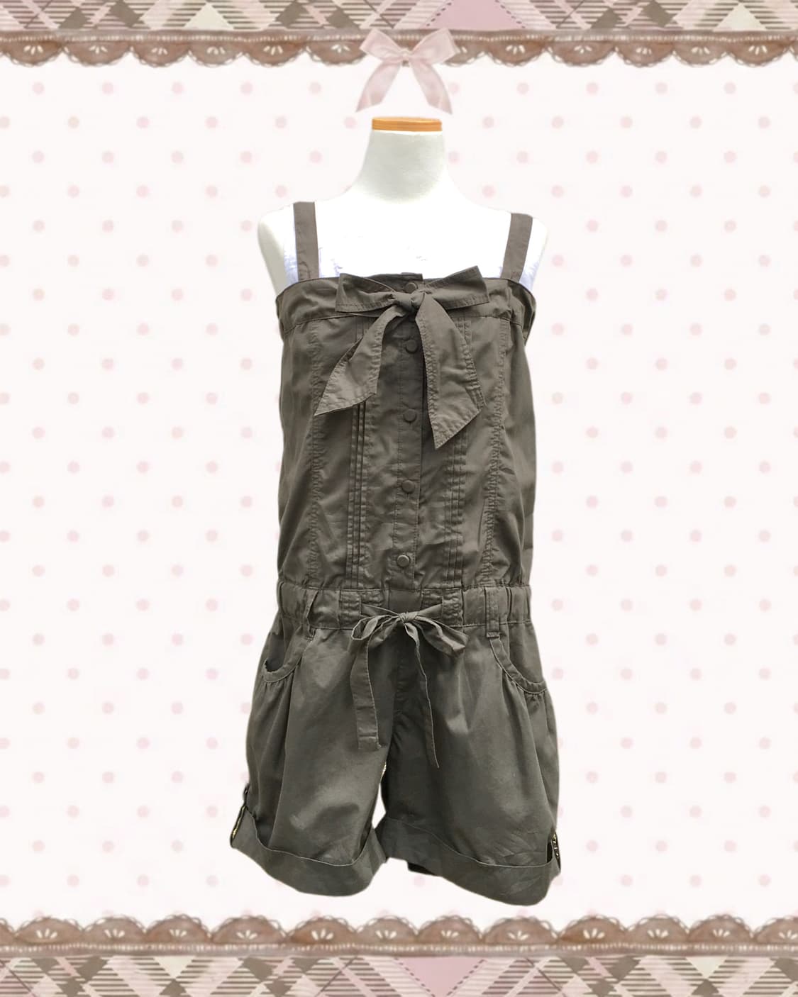 카키 리본 슬리브리스 숏 점프슈트 상품이미지2