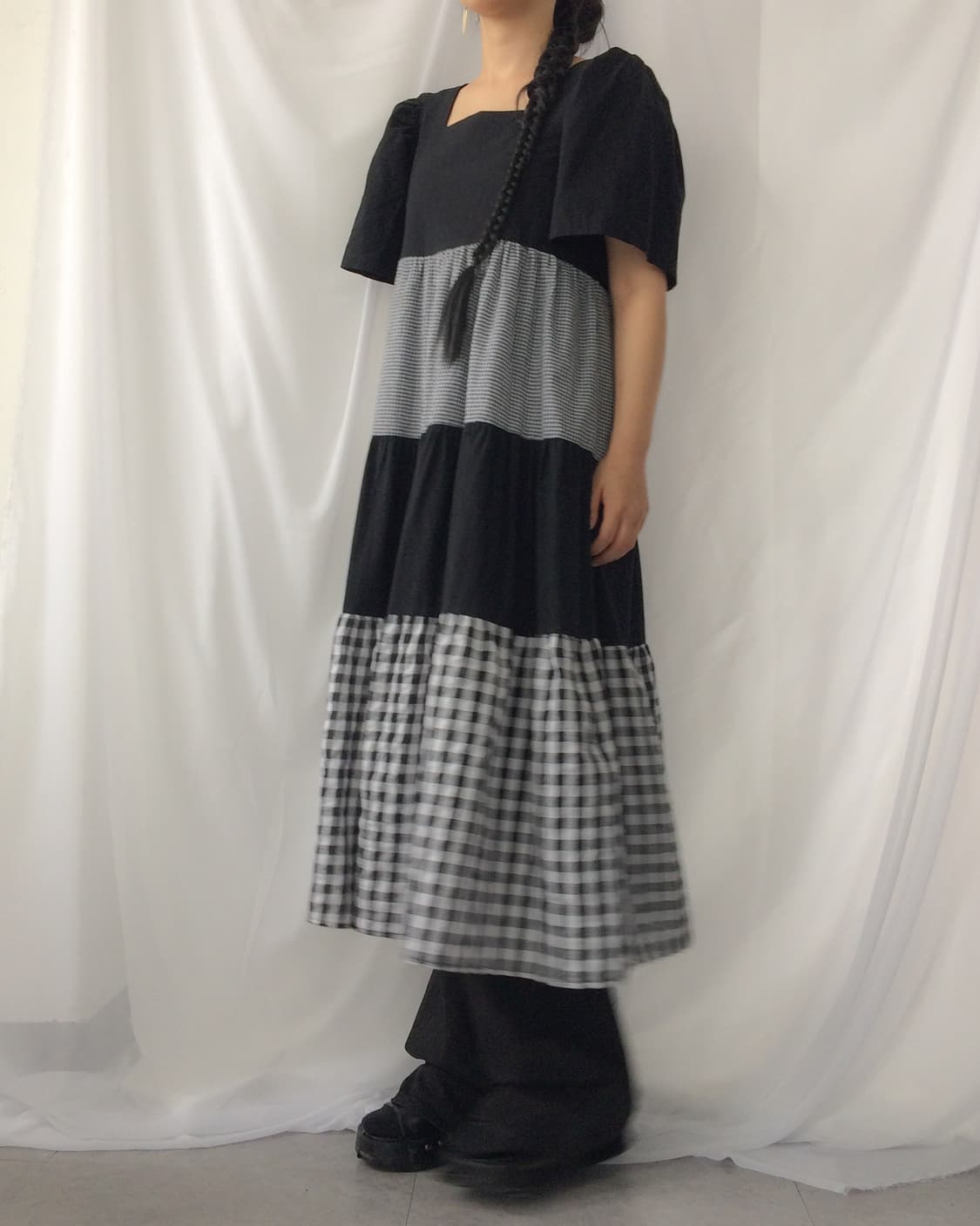 Check pattern mixed layer onepiece 상품이미지1